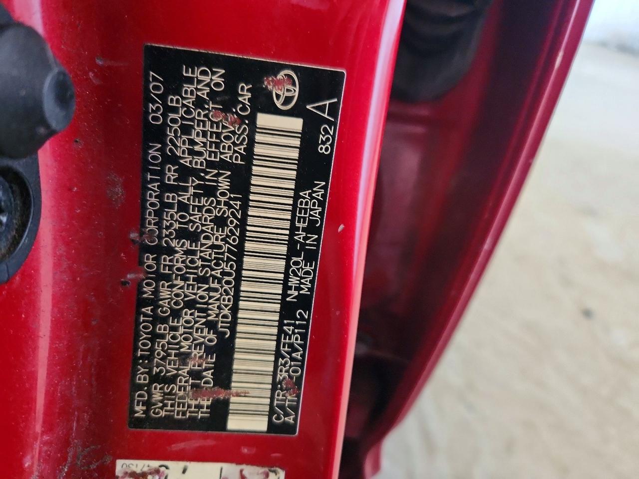 2007 Toyota Prius Base Red vin: JTDKB20U577629241
