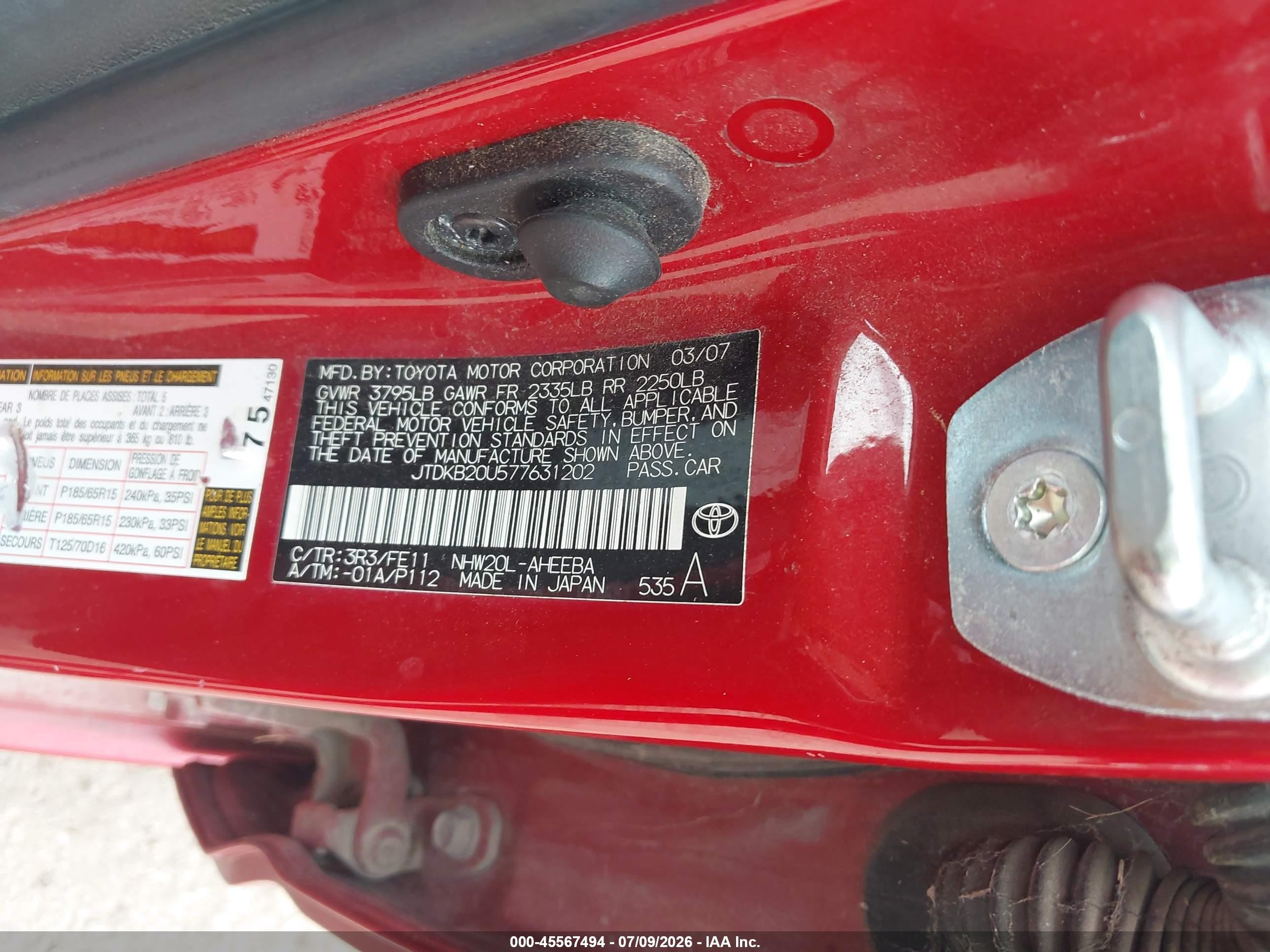 2007 Toyota Prius   Красный vin: JTDKB20U577631202