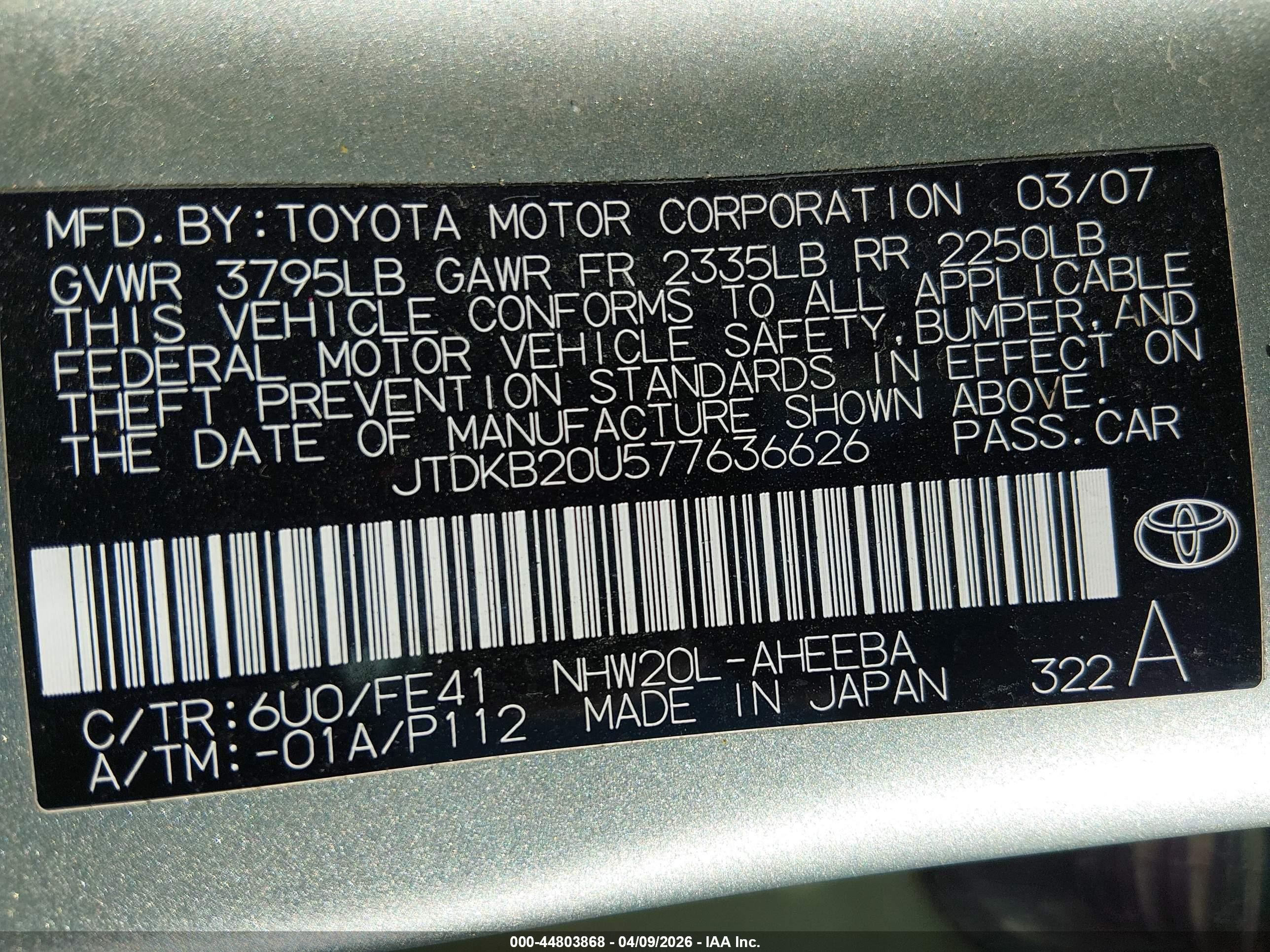 2007 Toyota Prius Green vin: JTDKB20U577636626