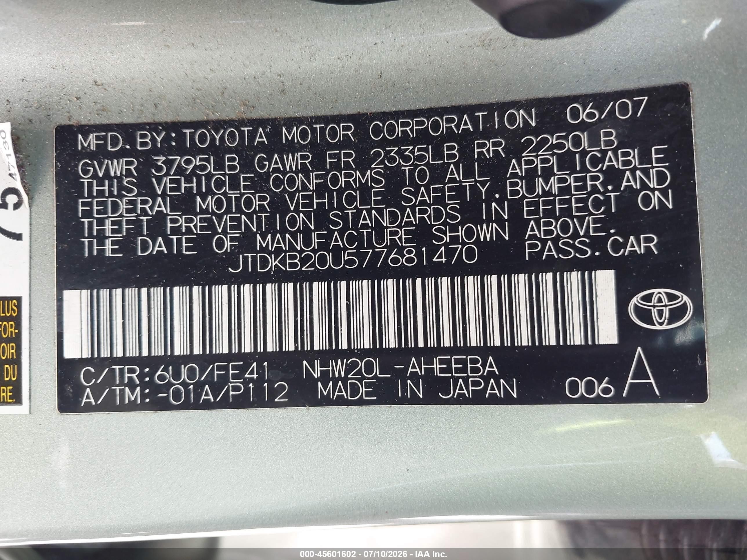 2007 Toyota Prius   Green vin: JTDKB20U577681470