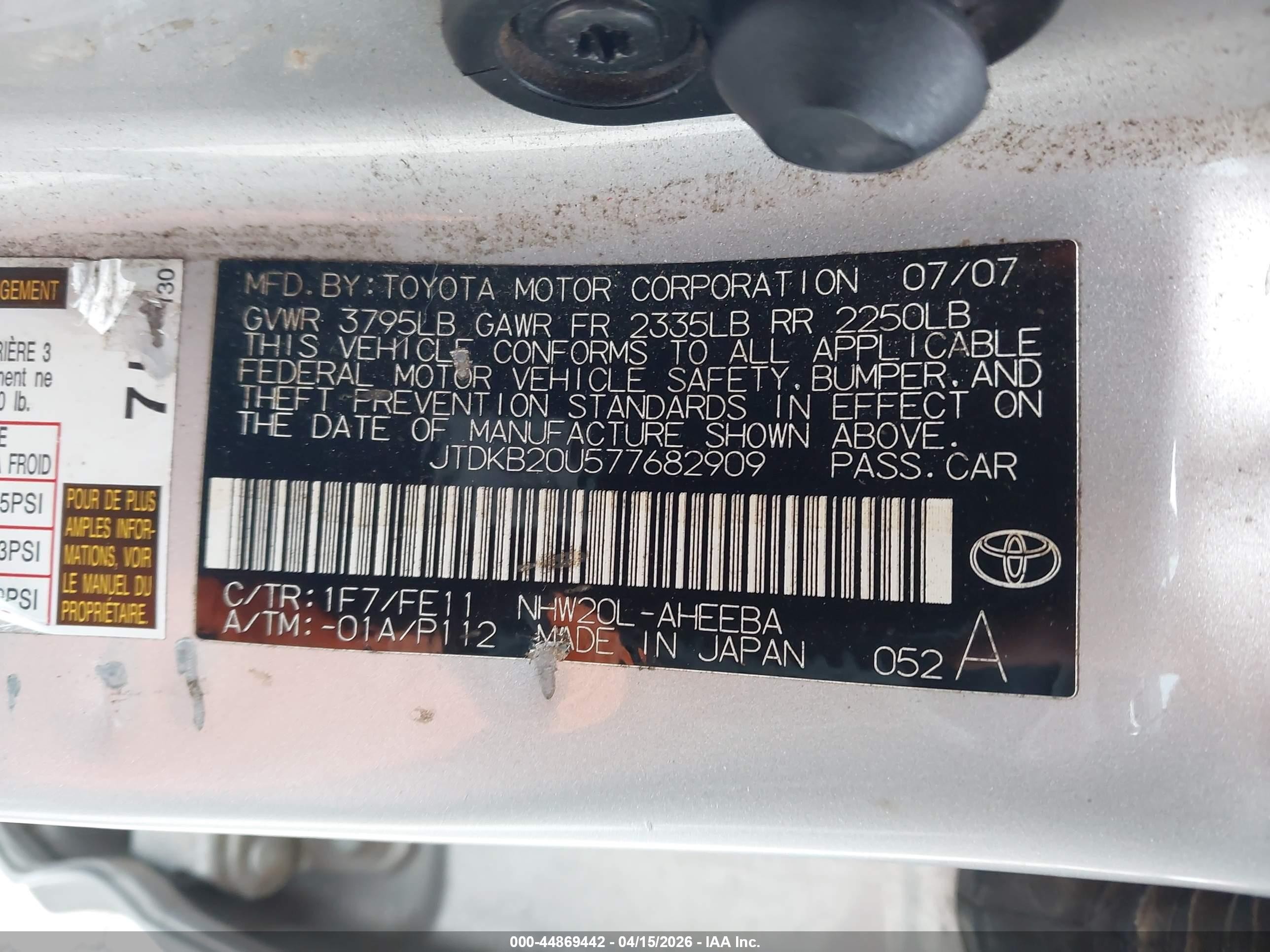 2007 Toyota Prius Silver vin: JTDKB20U577682909