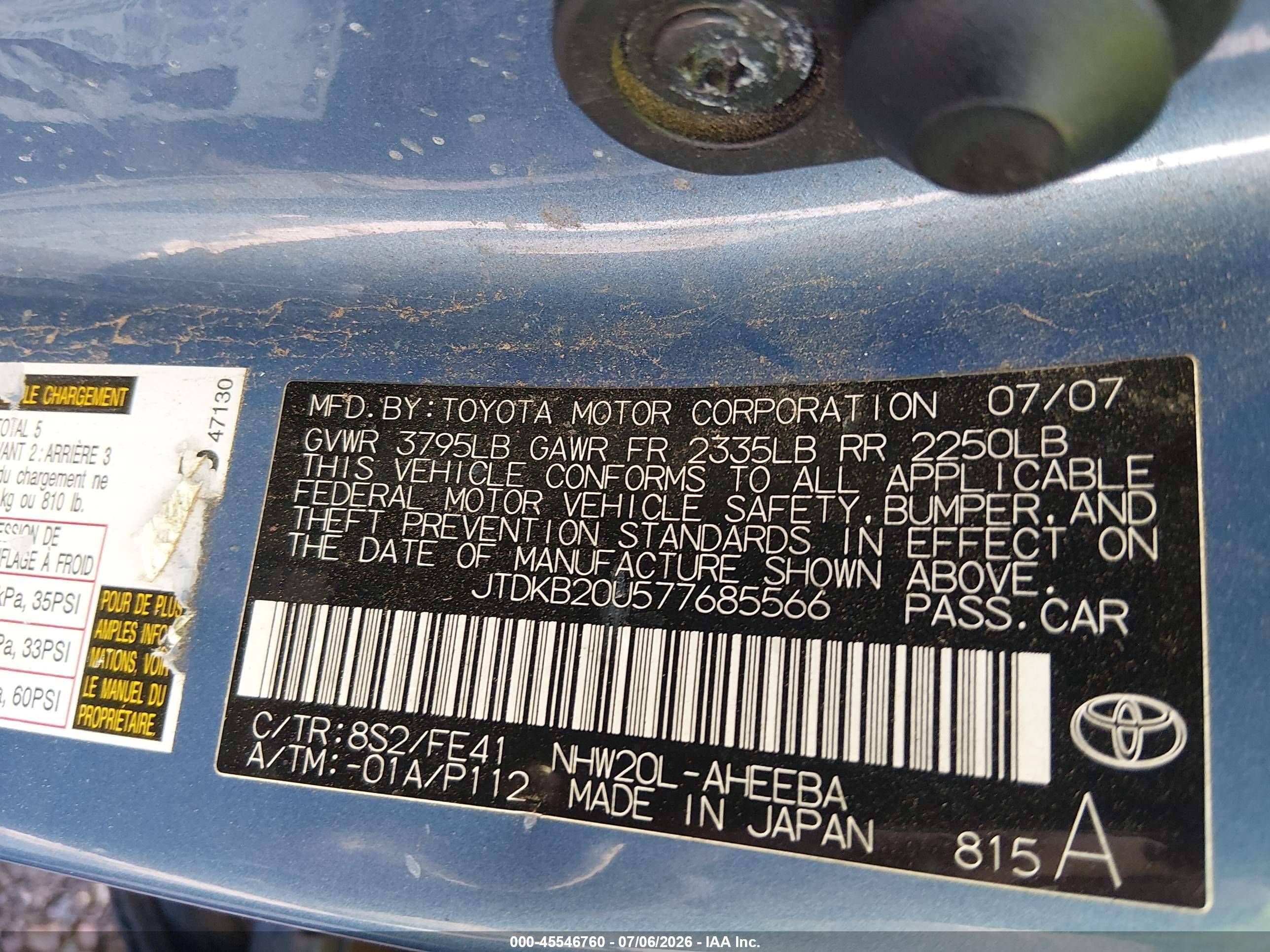 2007 Toyota Prius   Black vin: JTDKB20U577685566