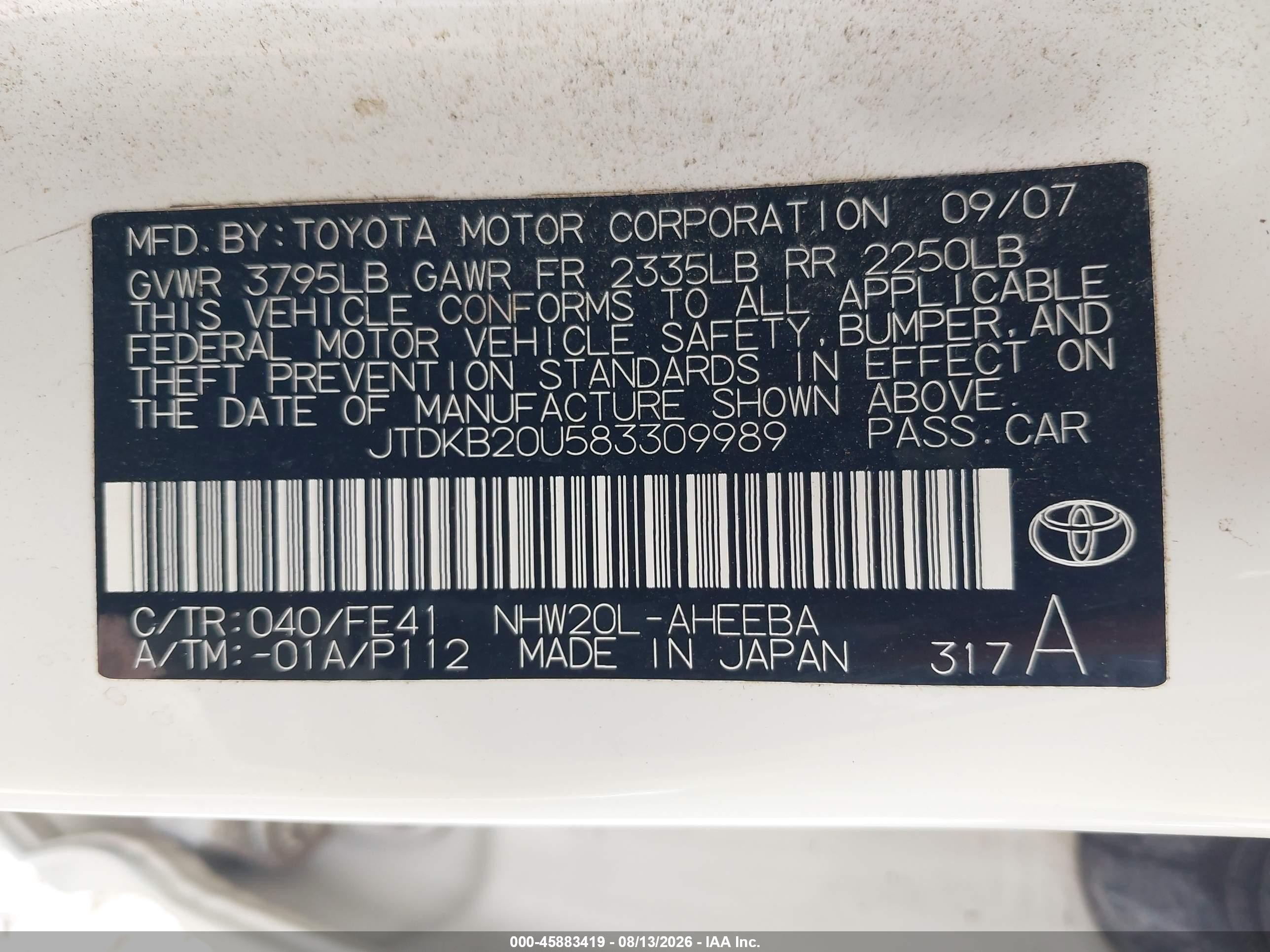 2008 Toyota Prius   White vin: JTDKB20U583309989