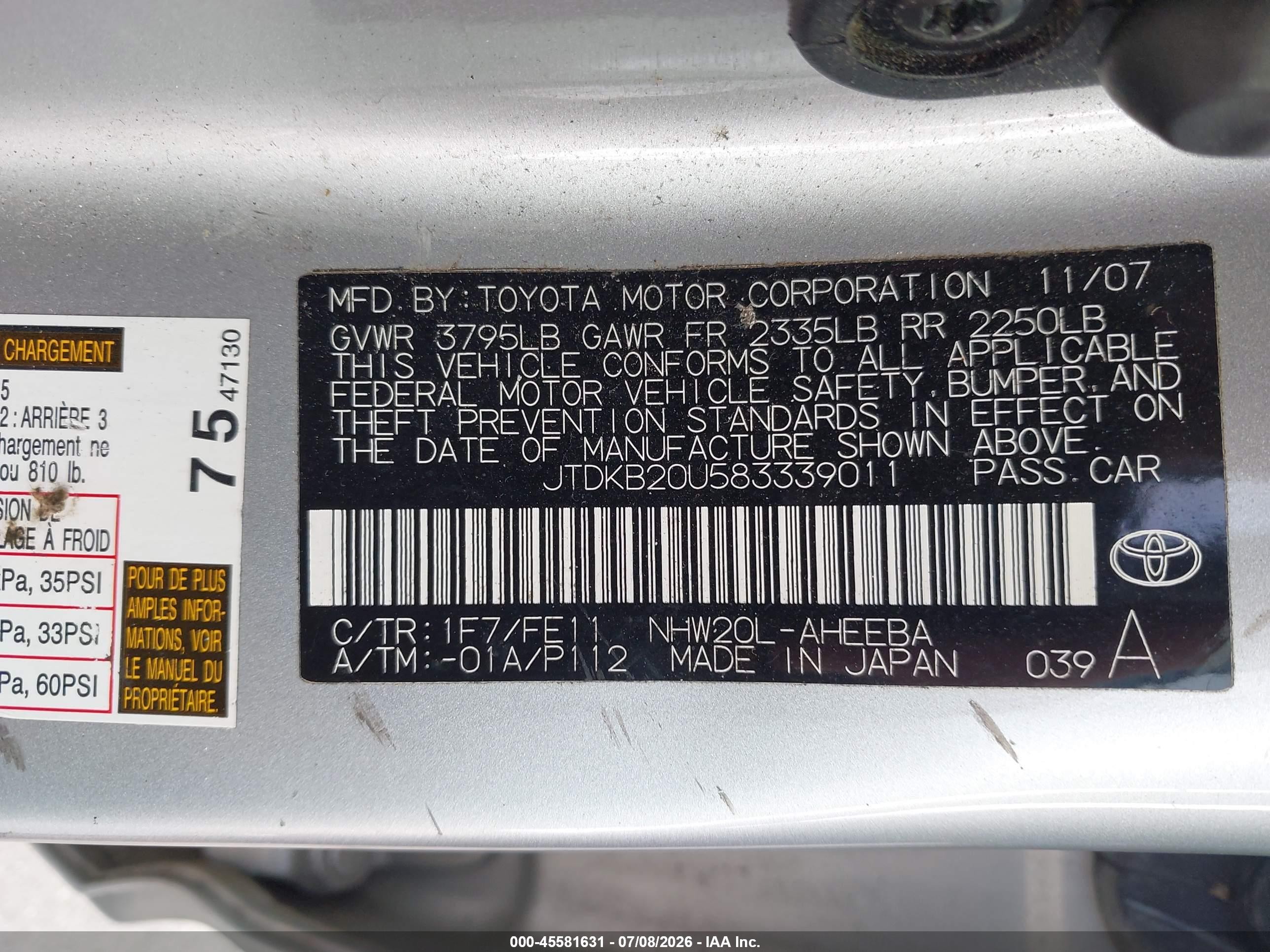 2008 Toyota Prius   Silver vin: JTDKB20U583339011