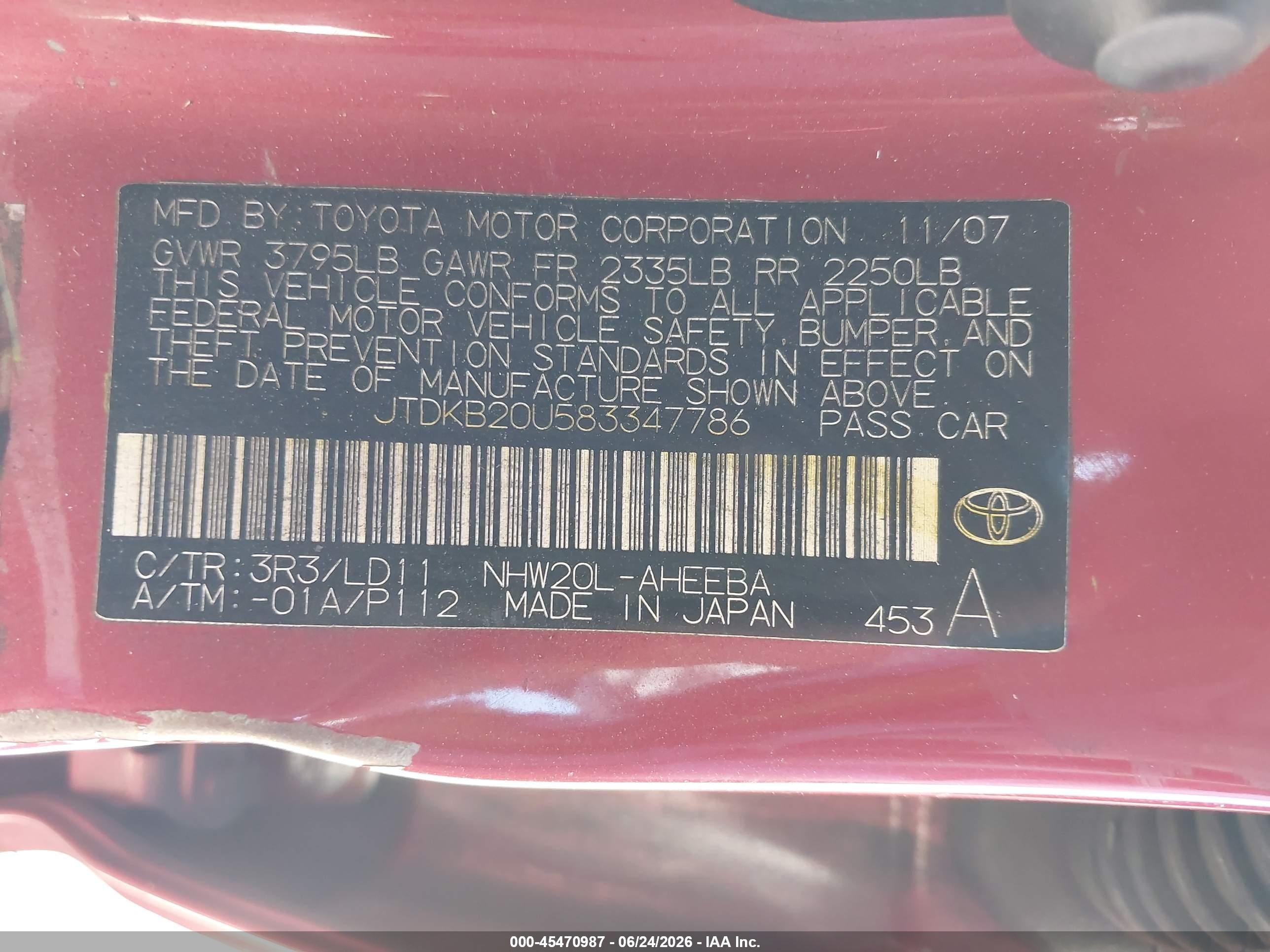 2008 Toyota Prius Red vin: JTDKB20U583347786
