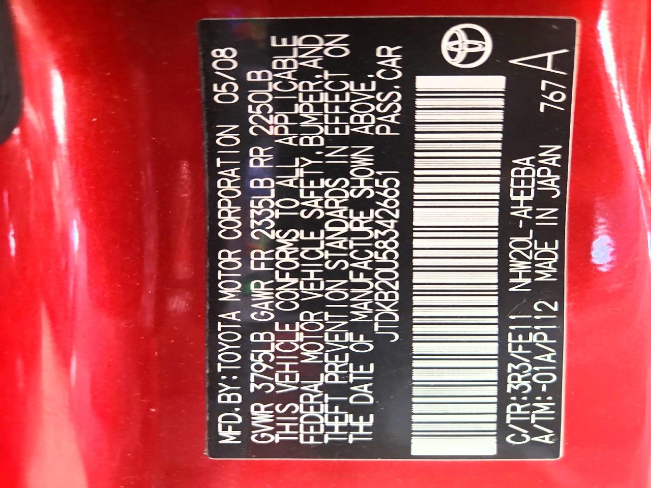 2008 Toyota Prius Base Red vin: JTDKB20U583426651
