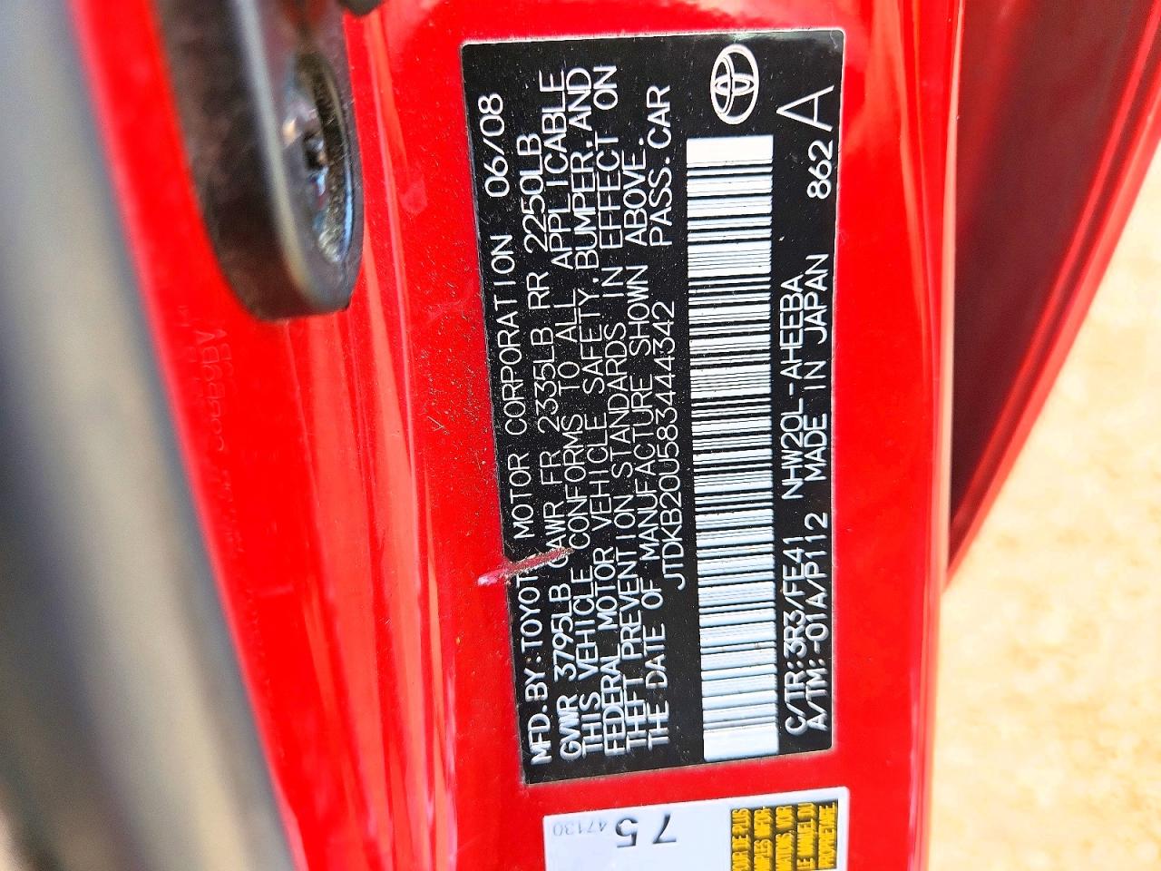 2008 Toyota Prius Base Red vin: JTDKB20U583444342