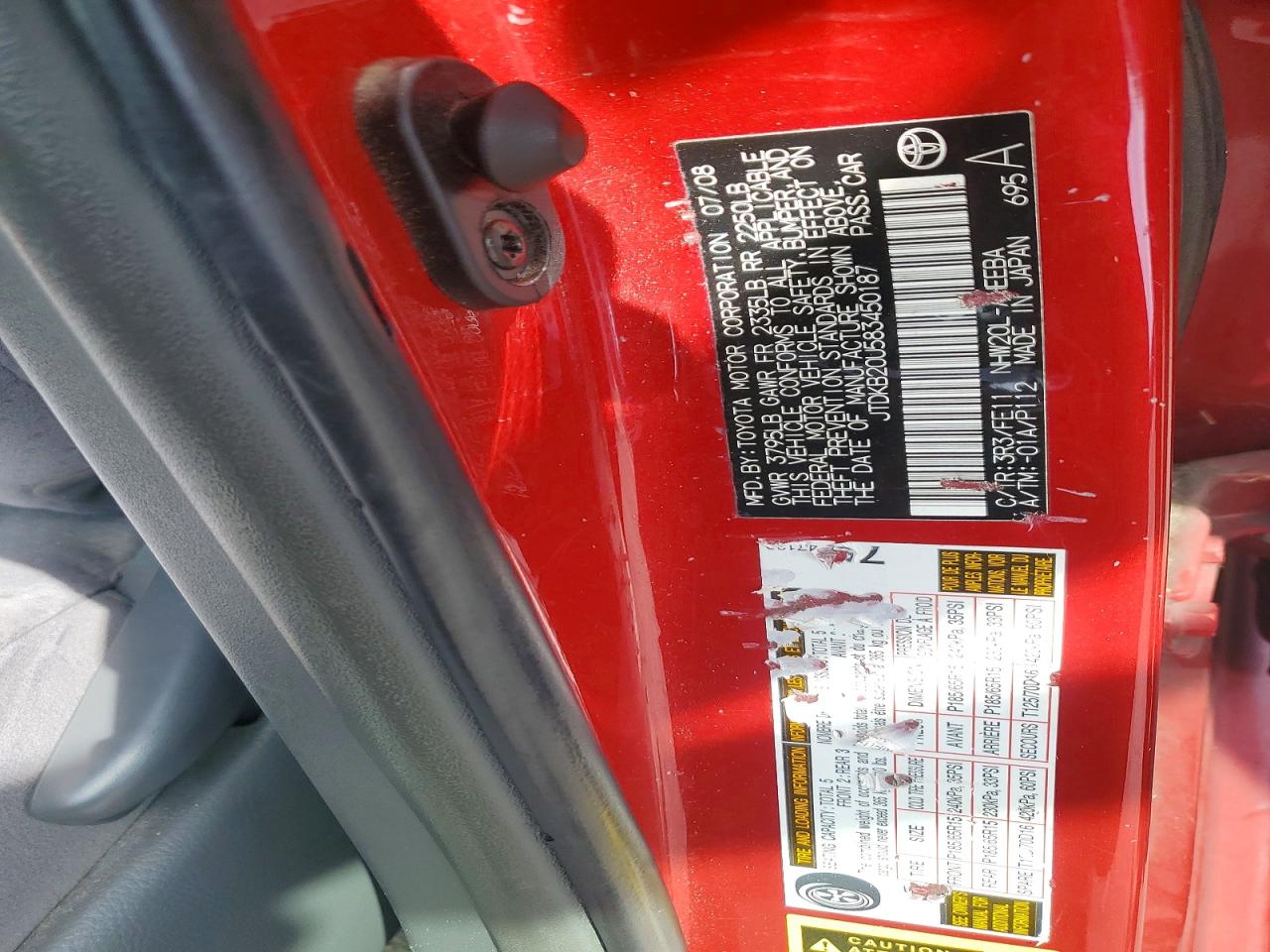 2008 Toyota Prius Base Red vin: JTDKB20U583450187