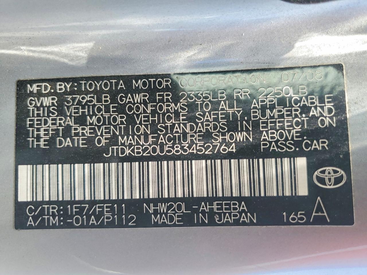 2008 Toyota Prius Base Silver vin: JTDKB20U583452764