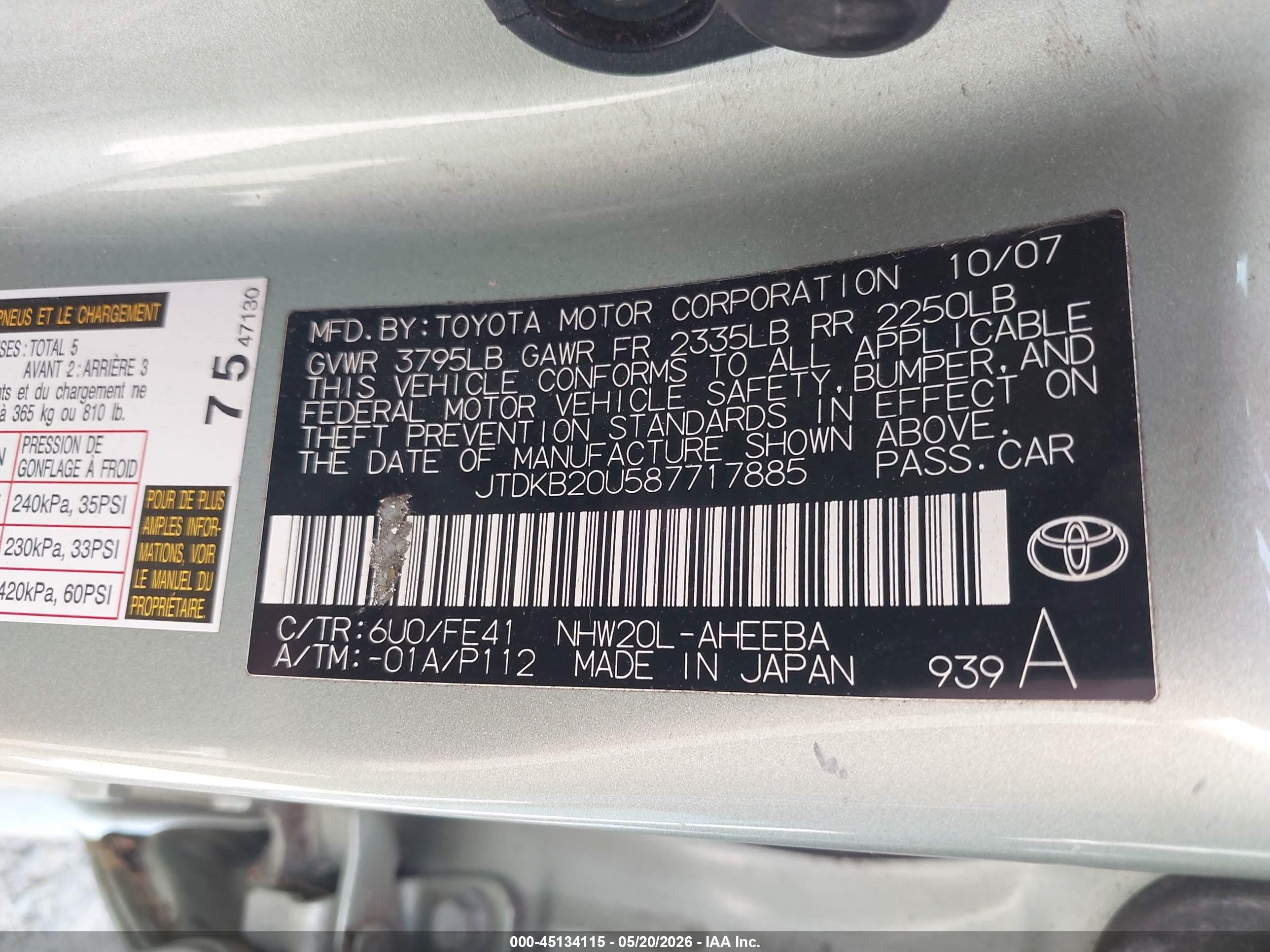 2008 Toyota Prius   Green vin: JTDKB20U587717885