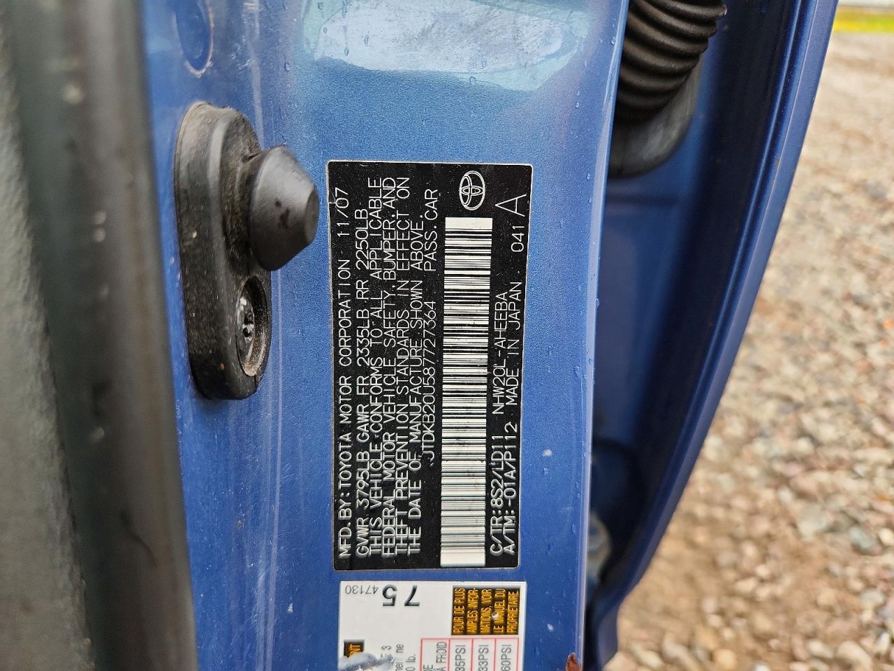 2008 Toyota Prius Base Blue vin: JTDKB20U587727364
