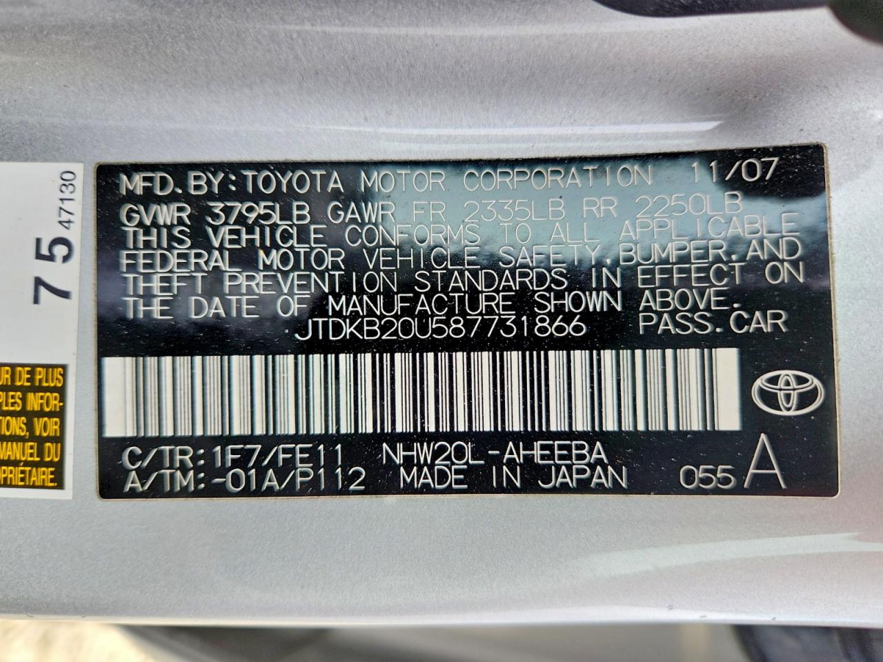 2008 Toyota Prius Base Silver vin: JTDKB20U587731866
