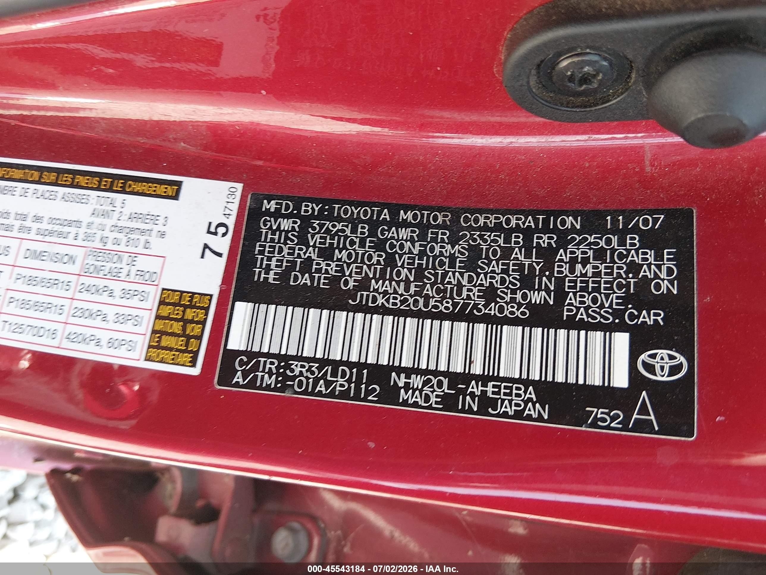2008 Toyota Prius   Red vin: JTDKB20U587734086