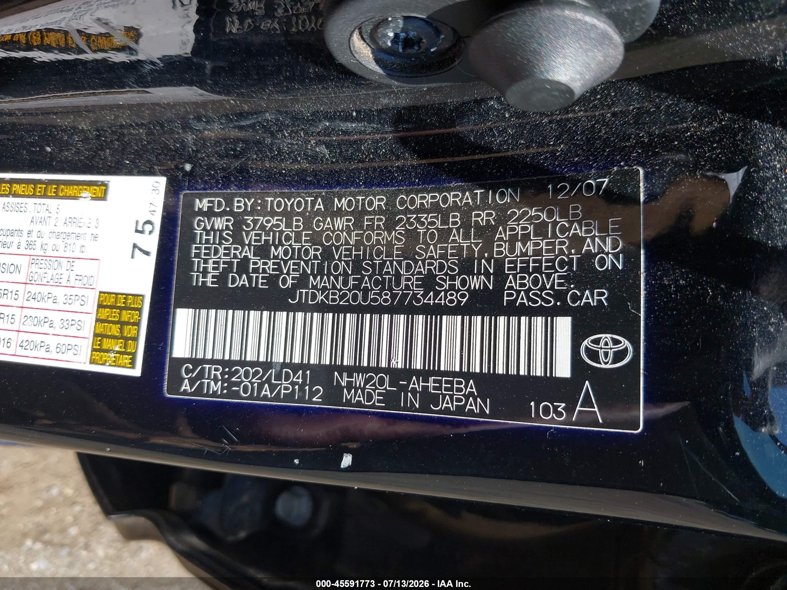 2008 Toyota Prius   Black vin: JTDKB20U587734489