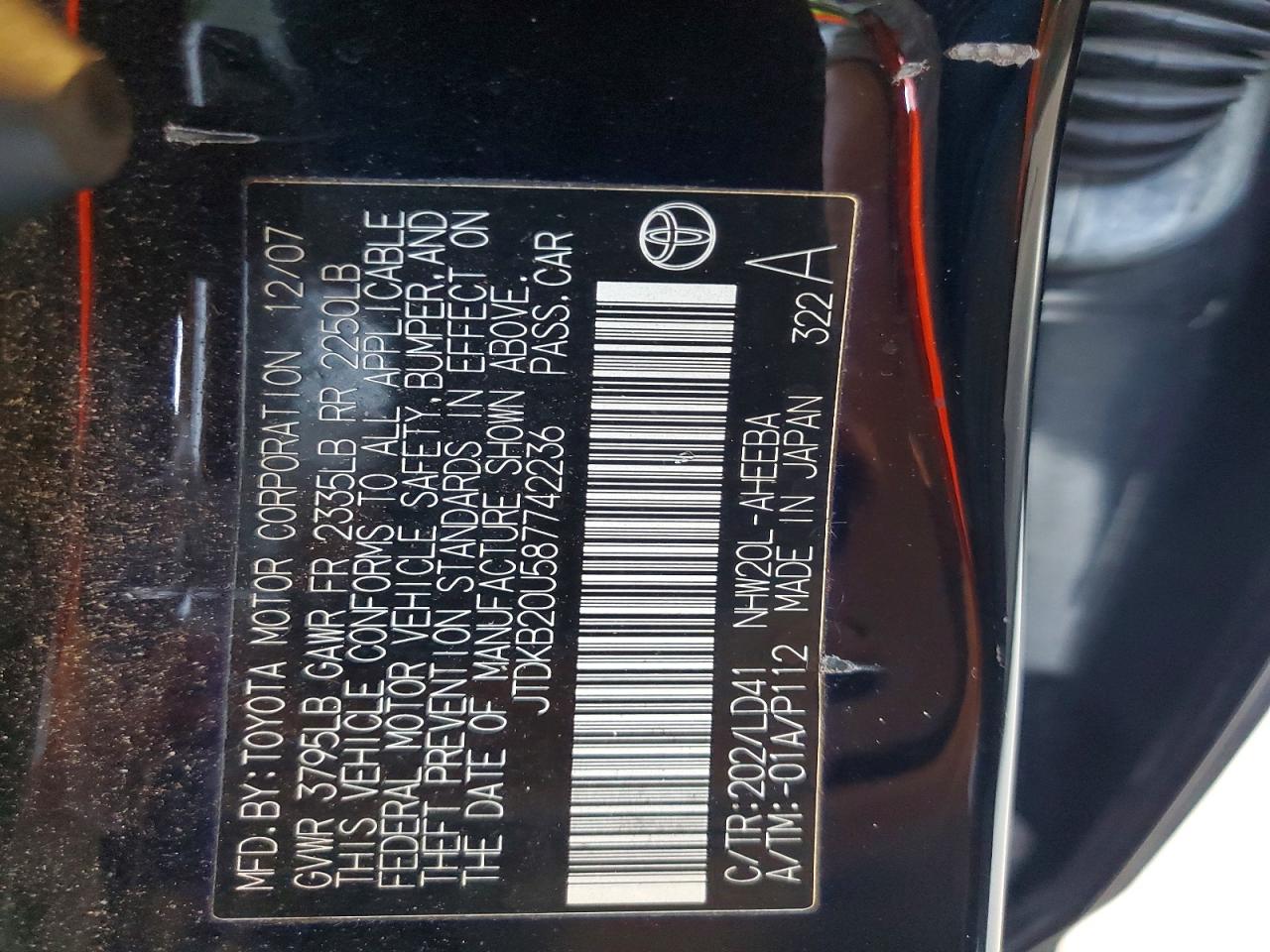 2008 Toyota Prius Base Black vin: JTDKB20U587742236
