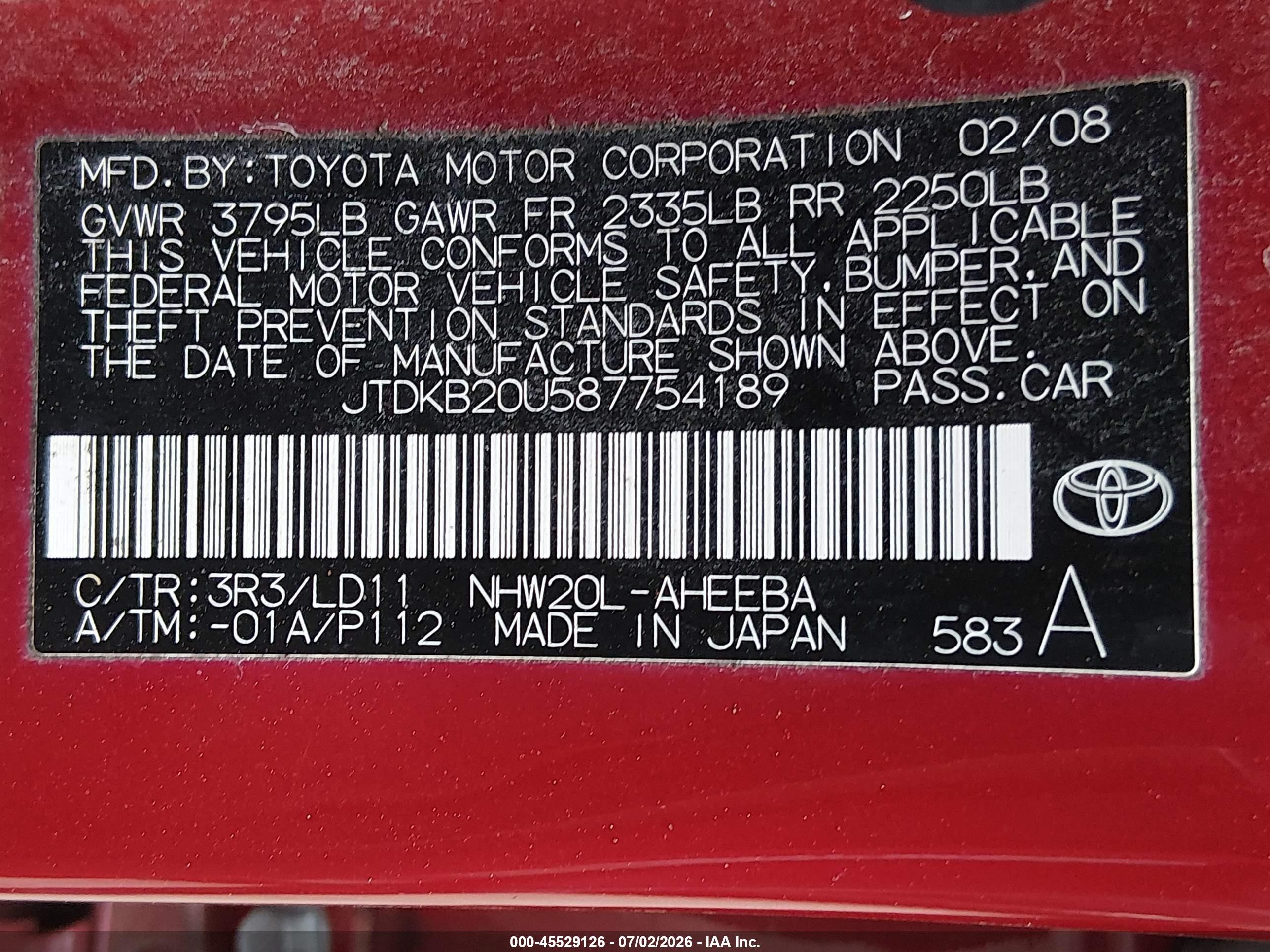2008 Toyota Prius   Burgundy vin: JTDKB20U587754189