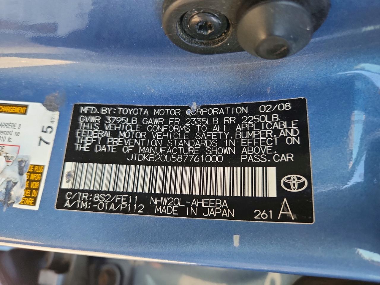 2008 Toyota Prius Base Blue vin: JTDKB20U587761000