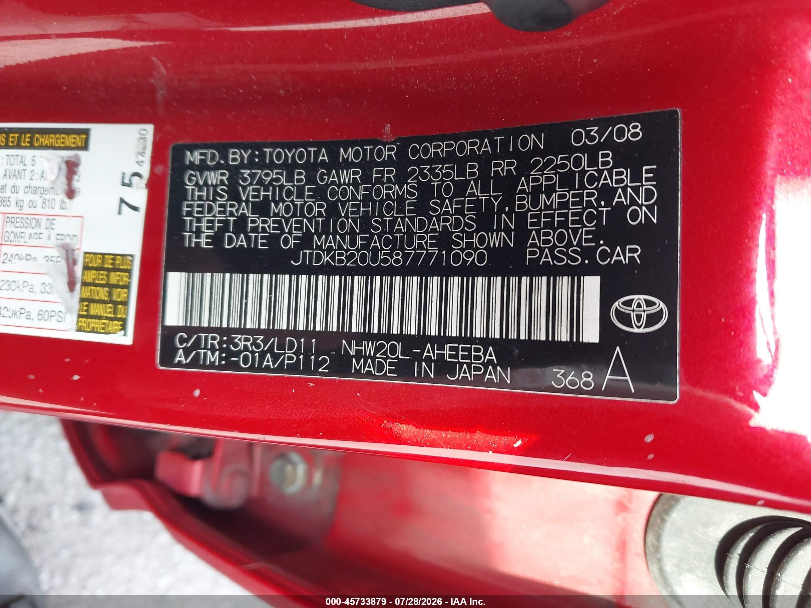 2008 Toyota Prius   Red vin: JTDKB20U587771090