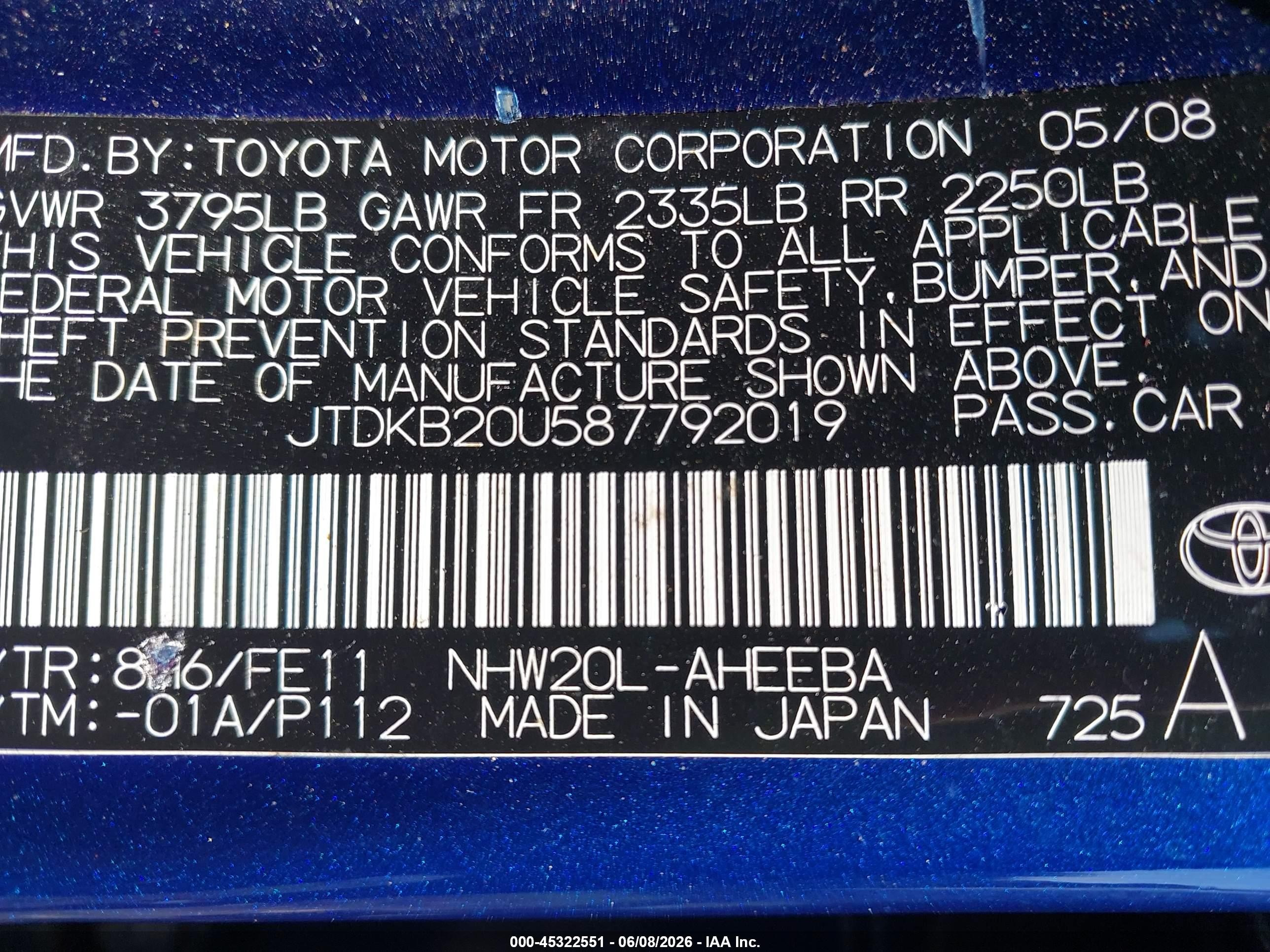 2008 Toyota Prius   Blue vin: JTDKB20U587792019