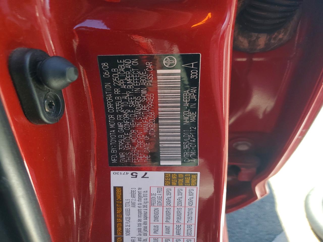 2008 Toyota Prius Base Red vin: JTDKB20U587799455