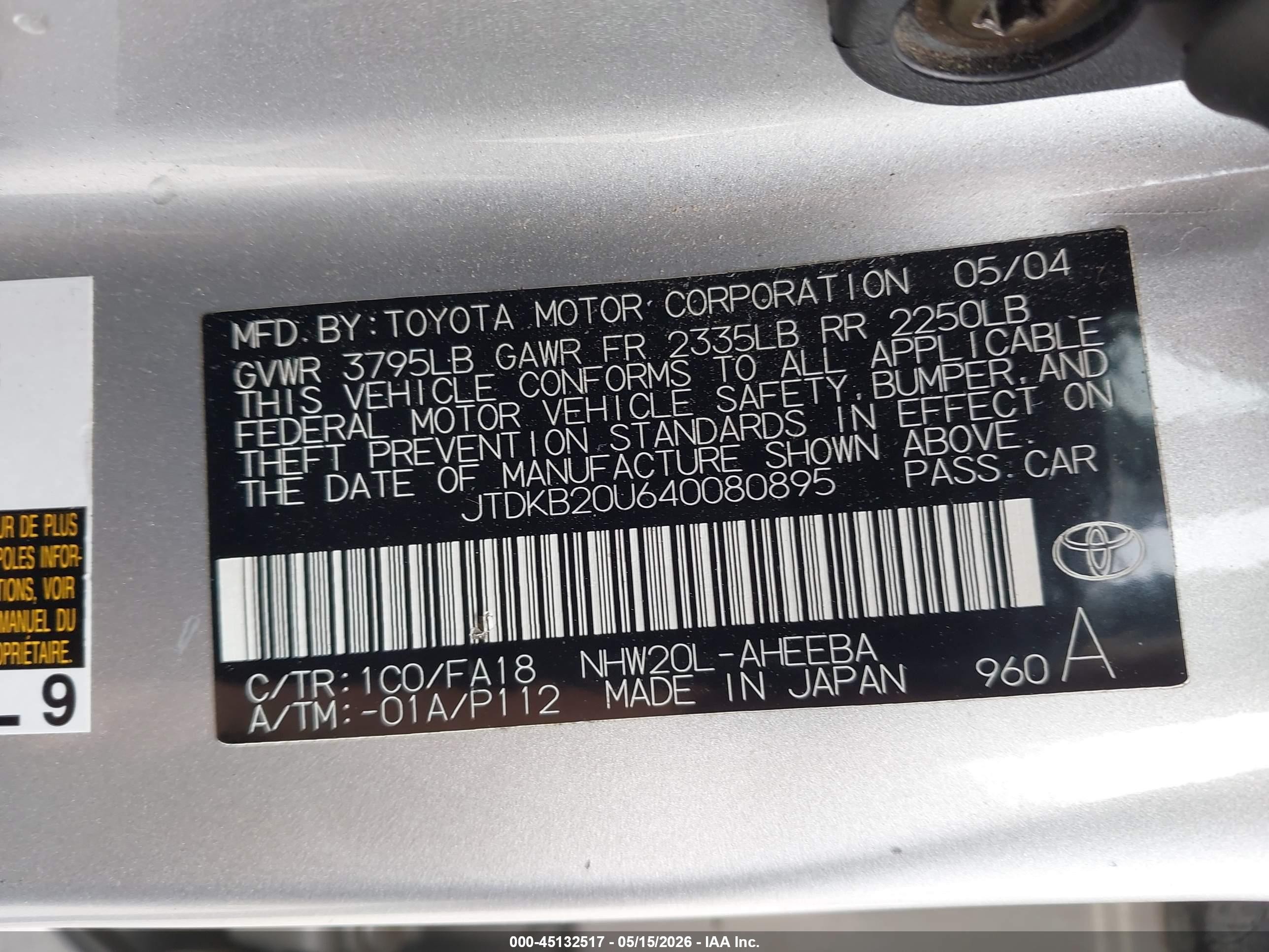 2004 Toyota Prius   Silver vin: JTDKB20U640080895