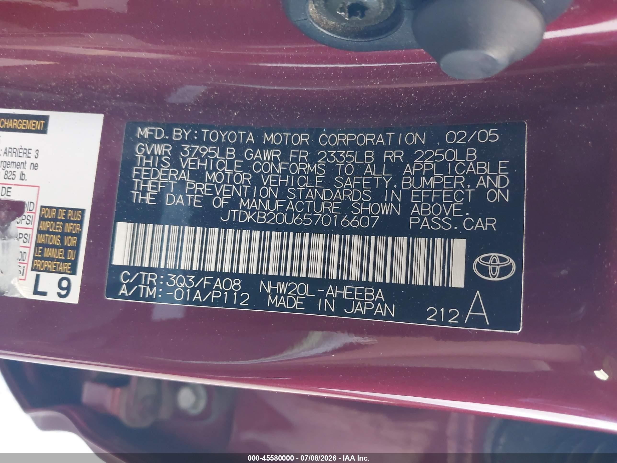 2005 Toyota Prius Red vin: JTDKB20U657016607