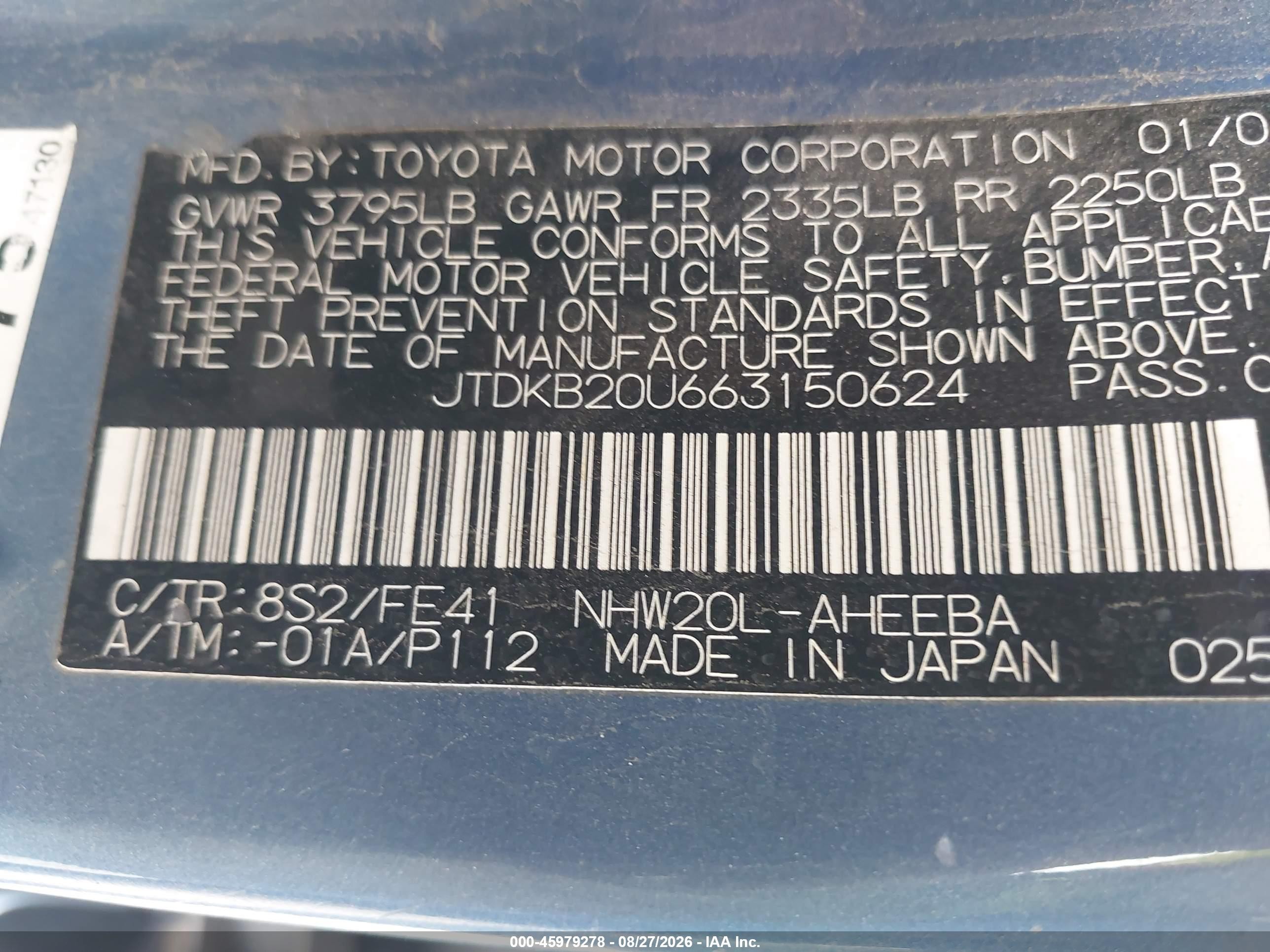 2006 Toyota Prius   Blue vin: JTDKB20U663150624