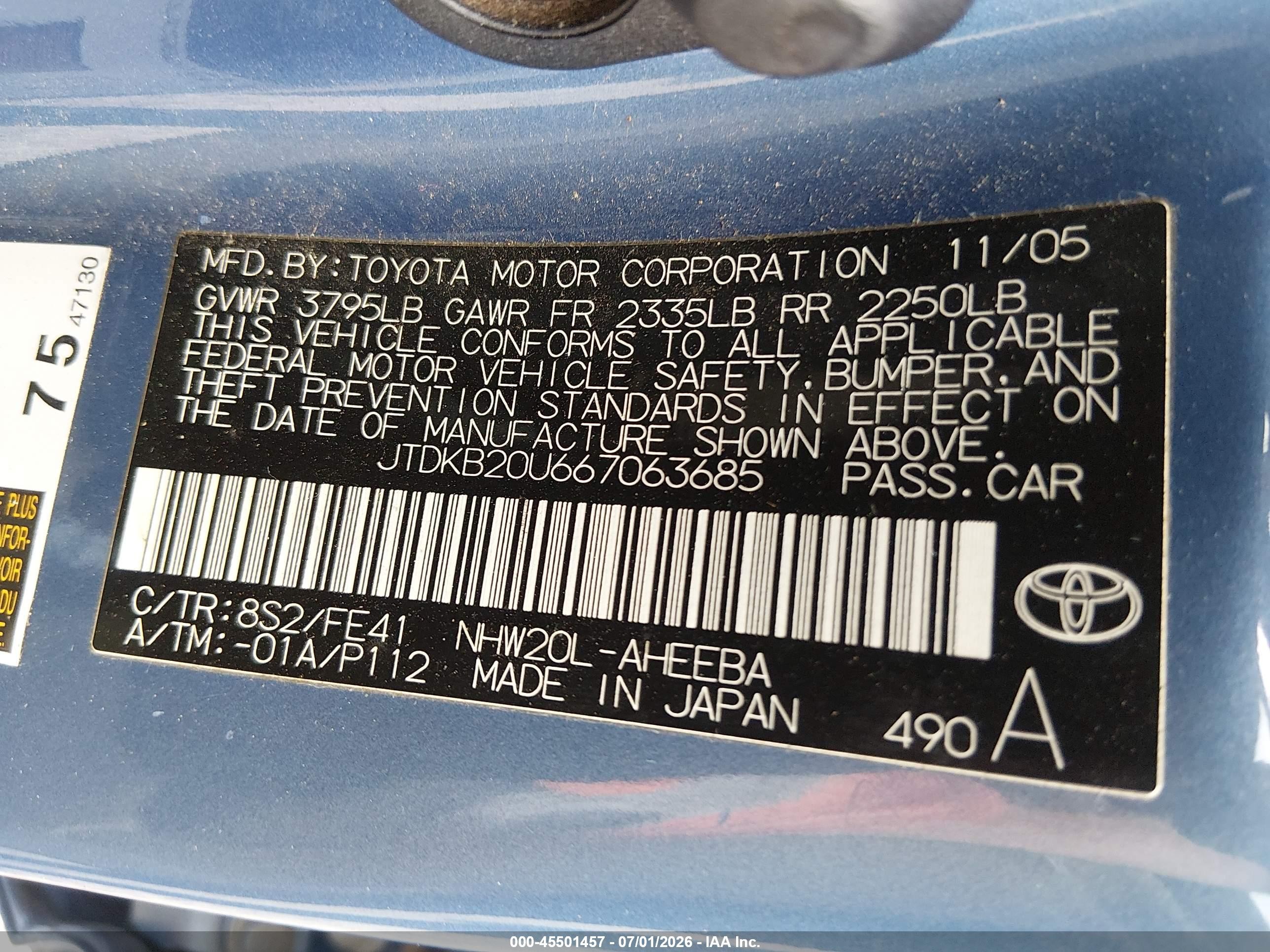 2006 Toyota Prius   Blue vin: JTDKB20U667063685