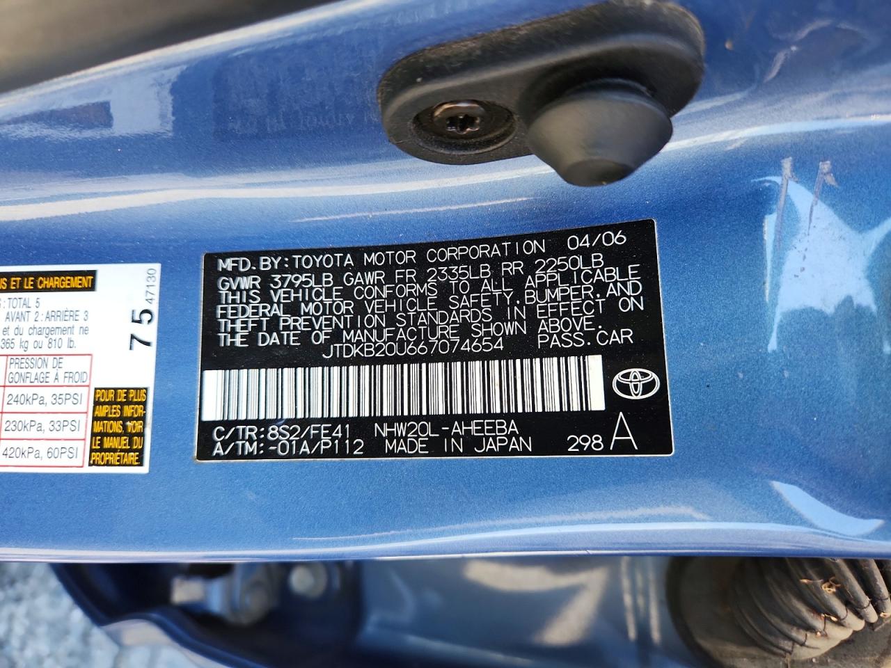 2006 Toyota Prius Blue vin: JTDKB20U667074654