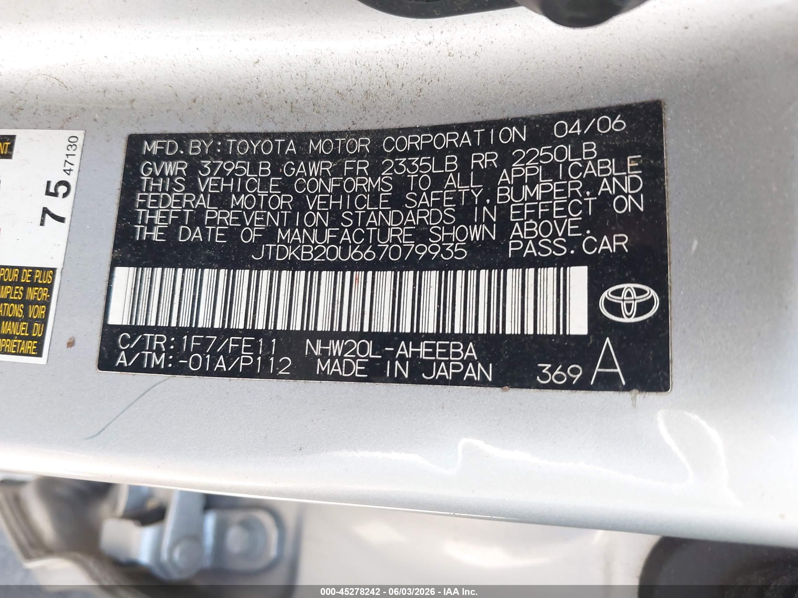 2006 Toyota Prius   Silver vin: JTDKB20U667079935