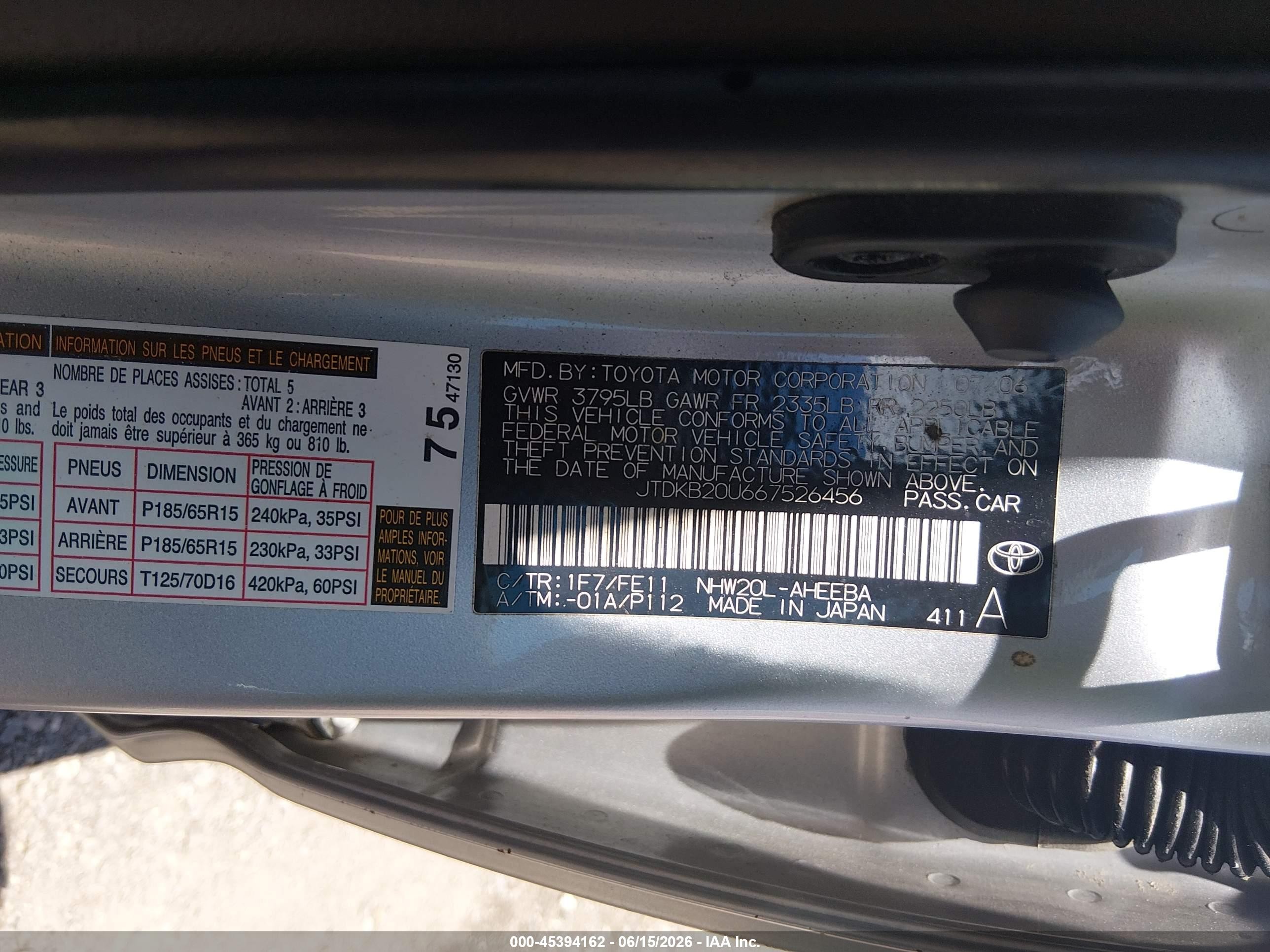 2006 Toyota Prius   Silver vin: JTDKB20U667526456