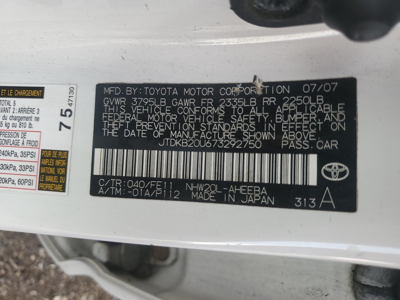 2007 Toyota Prius White vin: JTDKB20U673292750