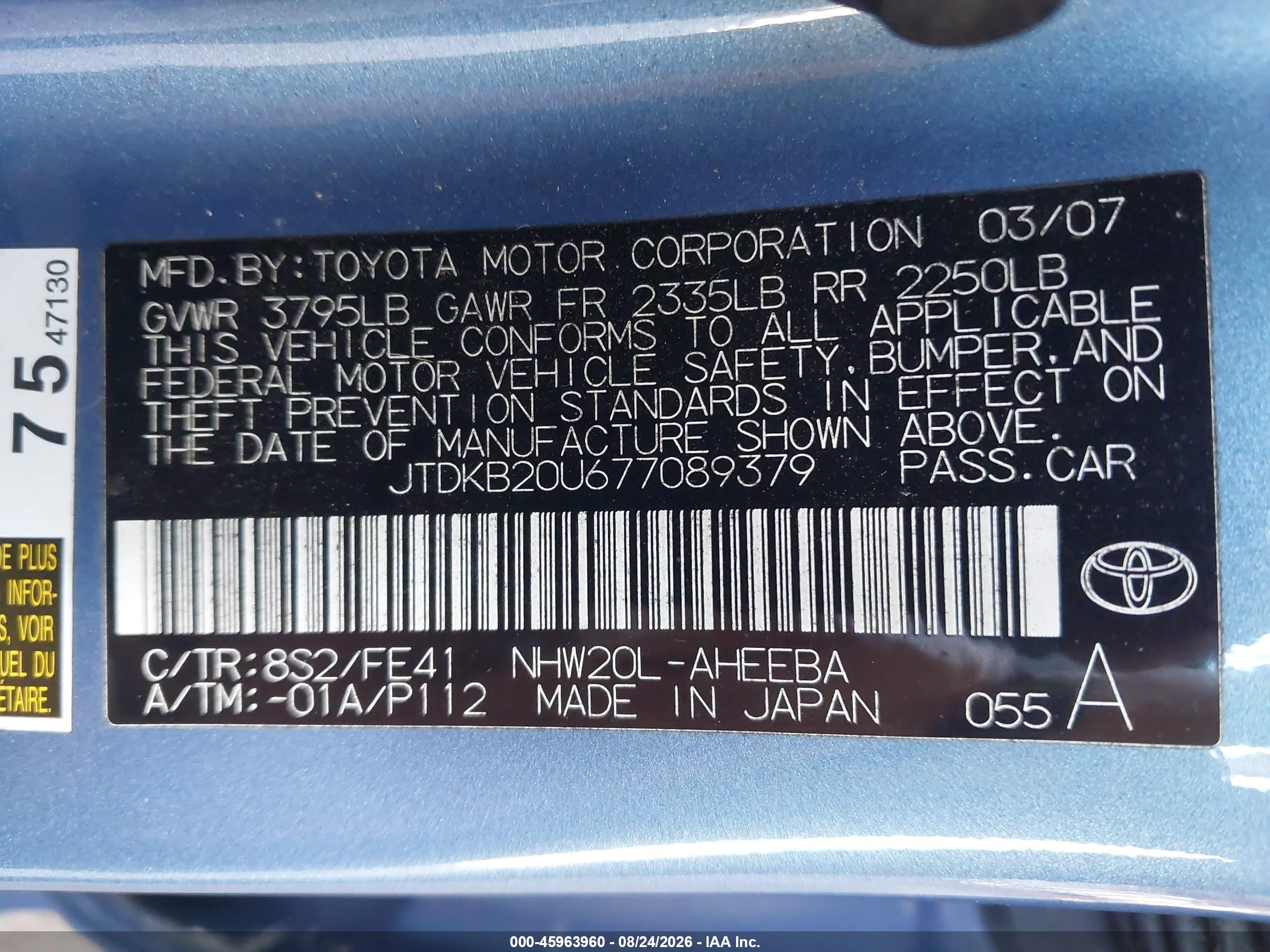 2007 Toyota Prius   Light Blue vin: JTDKB20U677089379