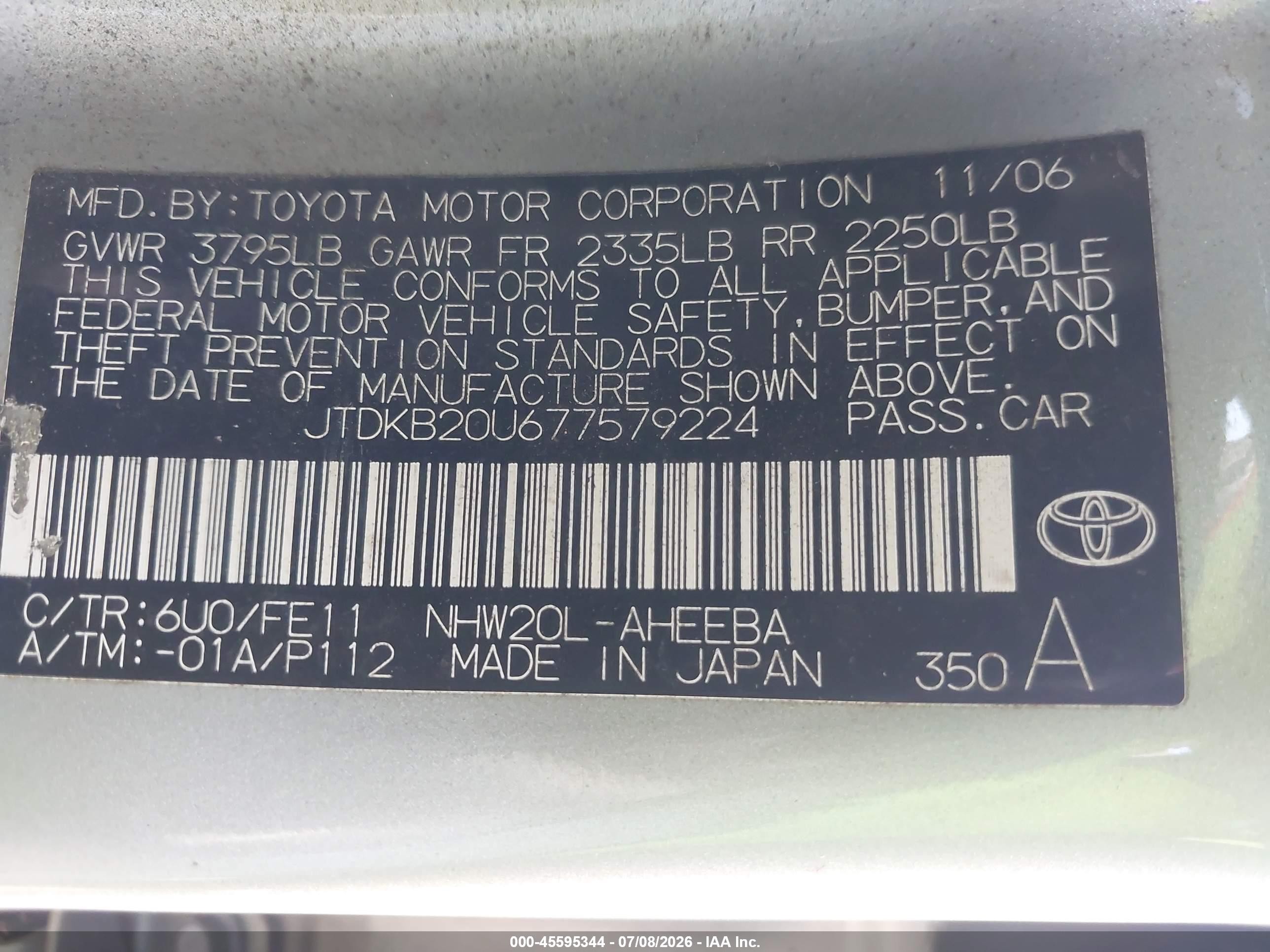2007 Toyota Prius   Green vin: JTDKB20U677579224