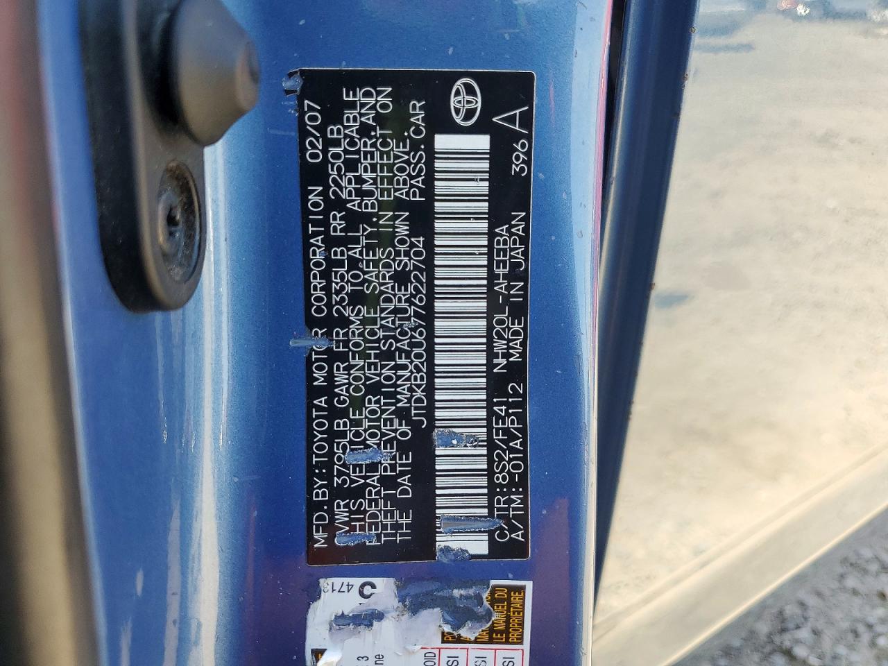 2007 Toyota Prius Base Blue vin: JTDKB20U677622704