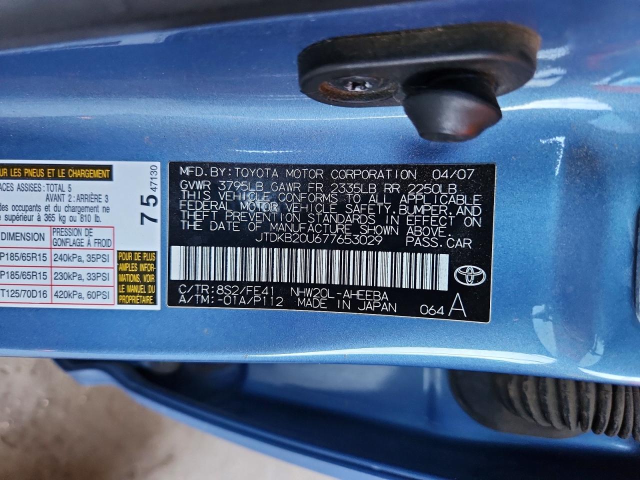 2007 Toyota Prius Base Blue vin: JTDKB20U677653029