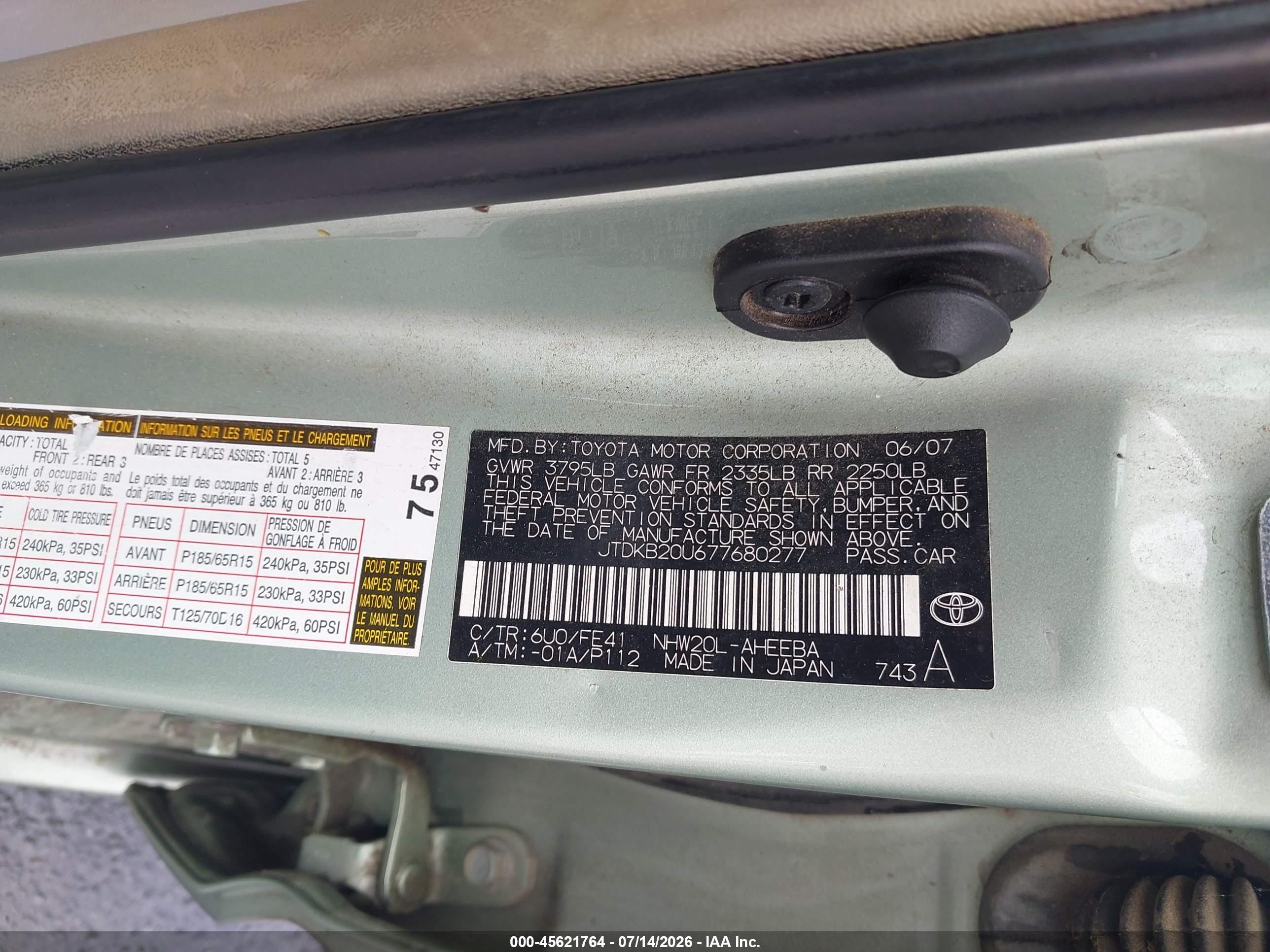 2007 Toyota Prius   Teal vin: JTDKB20U677680277