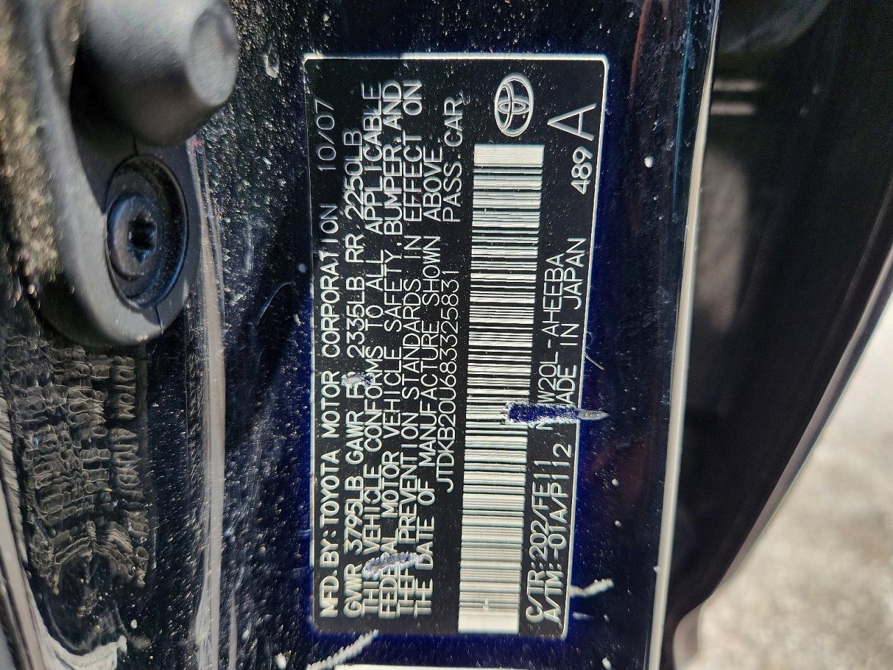 2008 Toyota Prius Base Black vin: JTDKB20U683325831