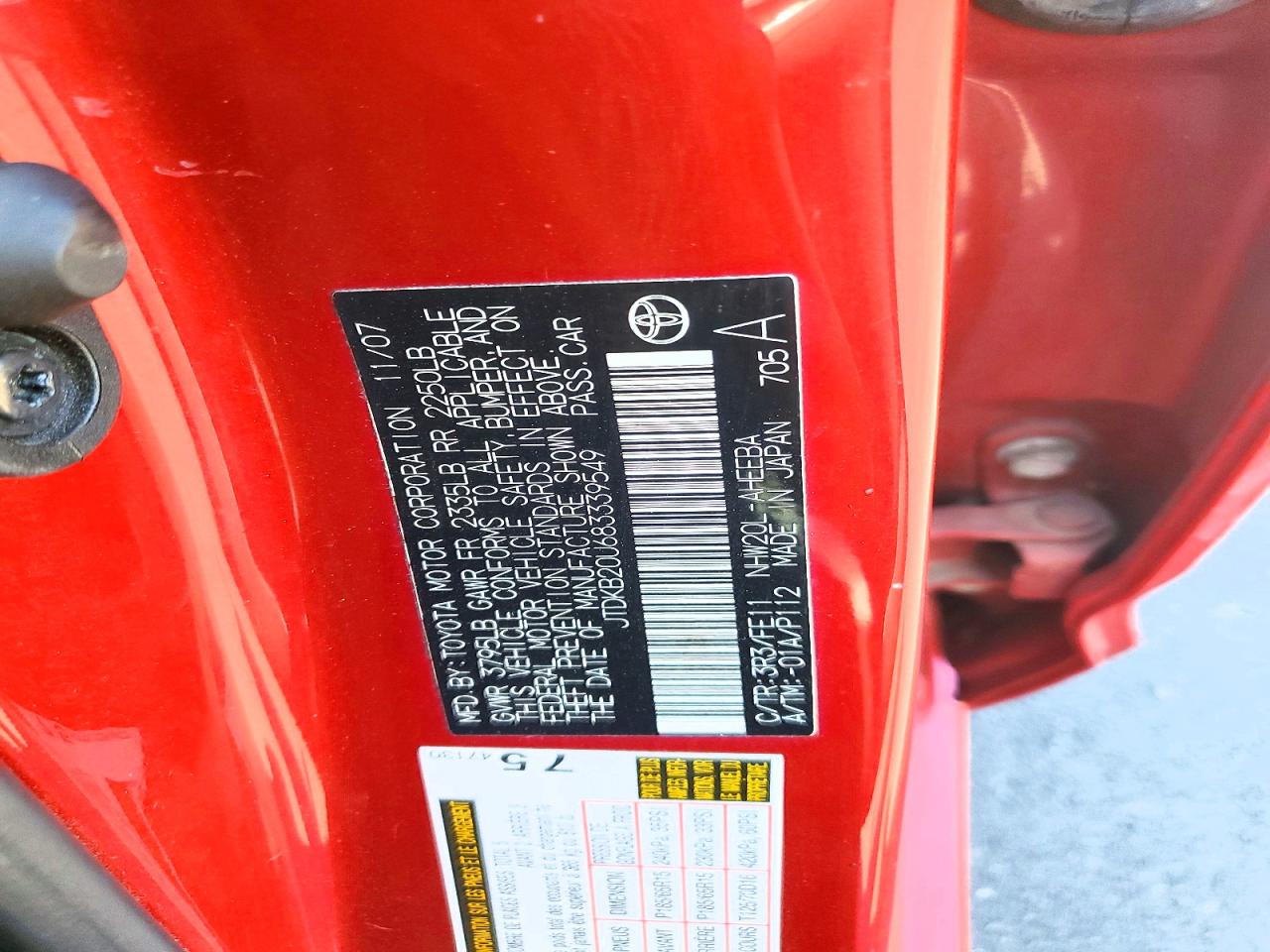 2008 Toyota Prius Base Red vin: JTDKB20U683339549