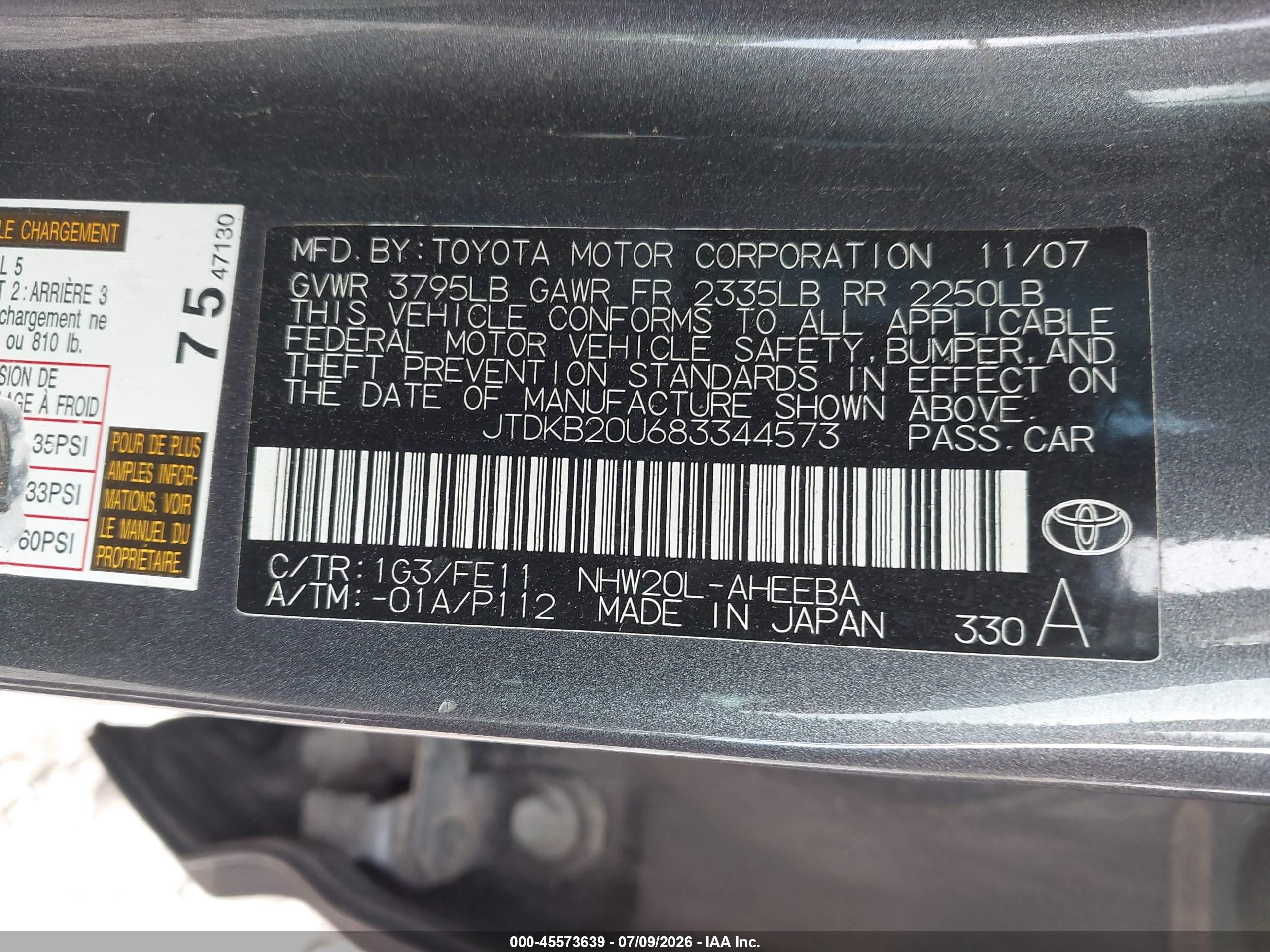 2008 Toyota Prius   Gray vin: JTDKB20U683344573