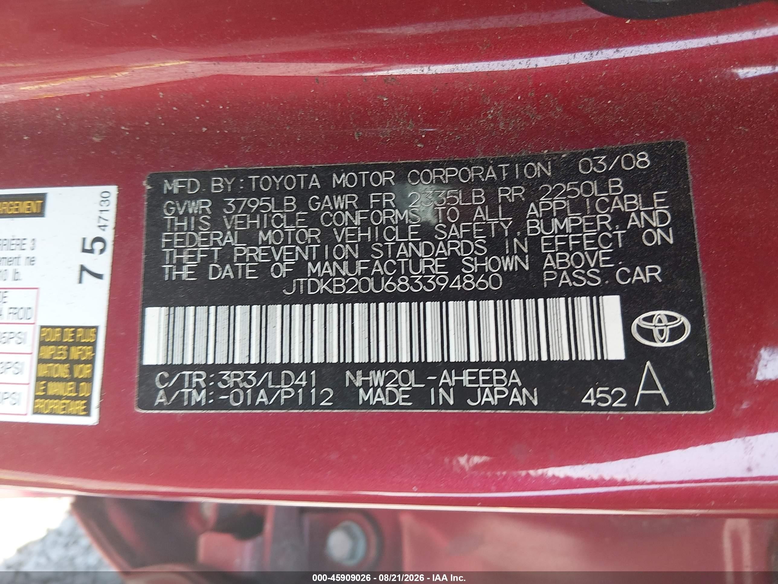 2008 Toyota Prius   Red vin: JTDKB20U683394860