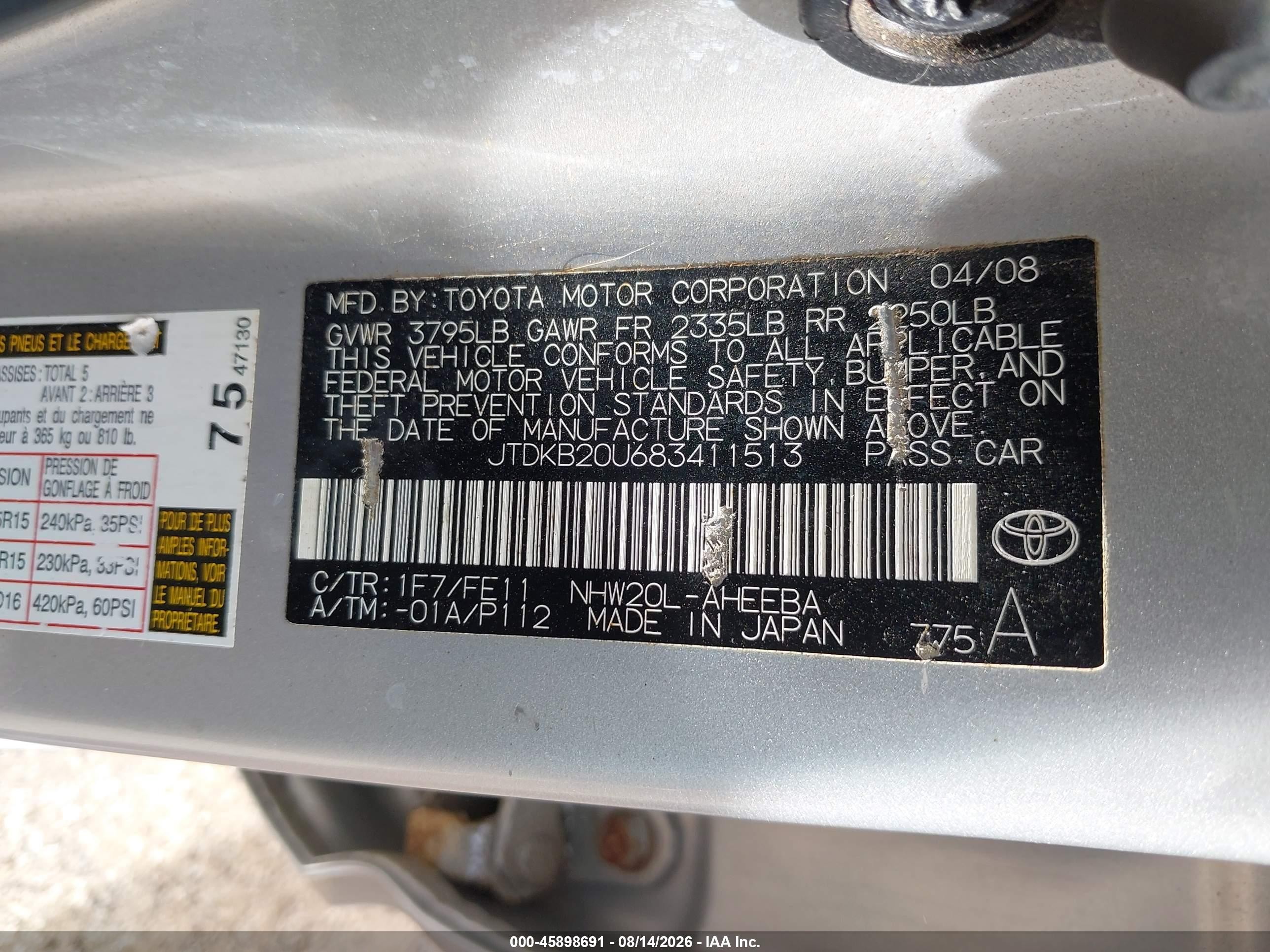 2008 Toyota Prius   Silver vin: JTDKB20U683411513