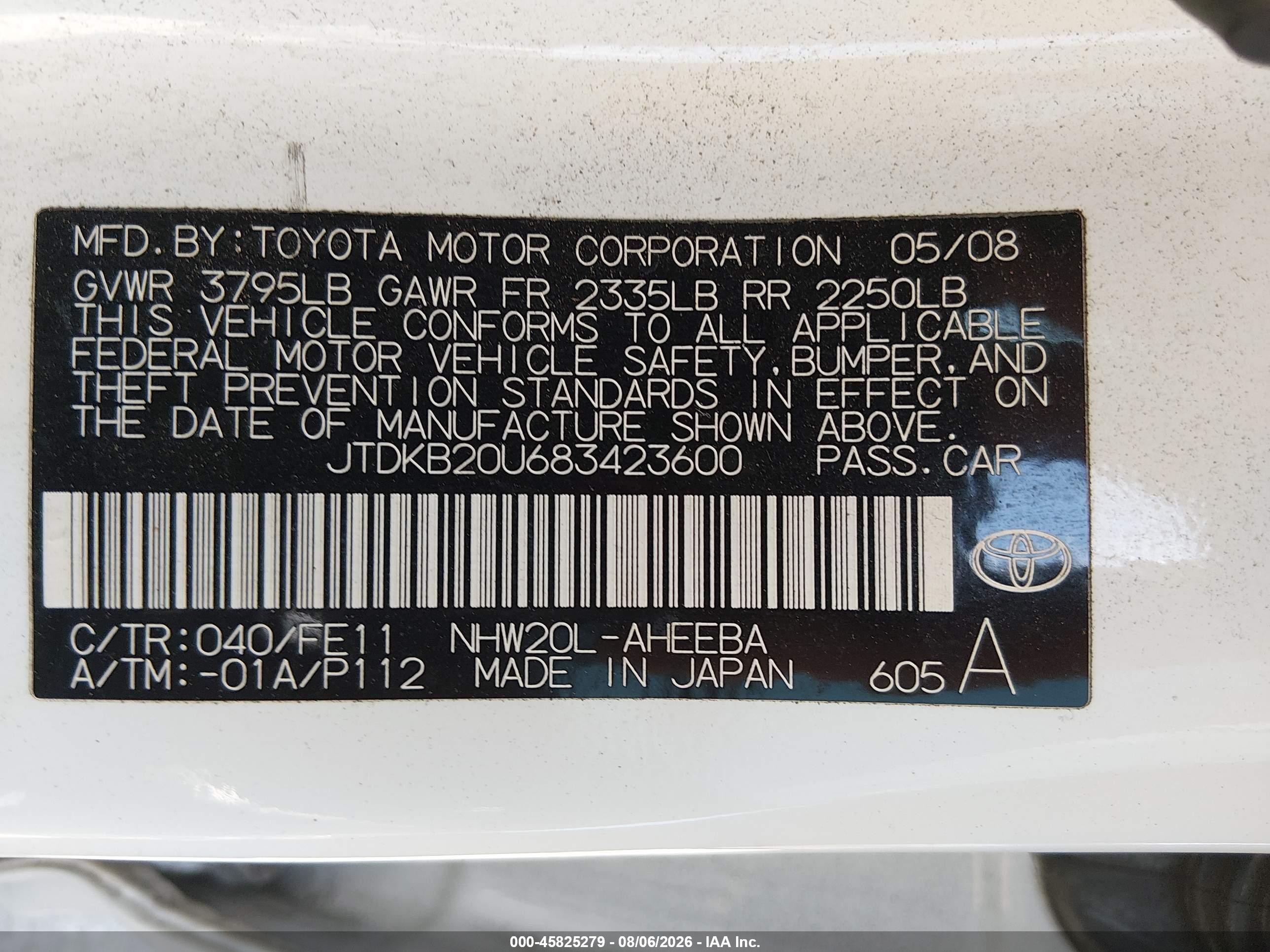 2008 Toyota Prius   White vin: JTDKB20U683423600