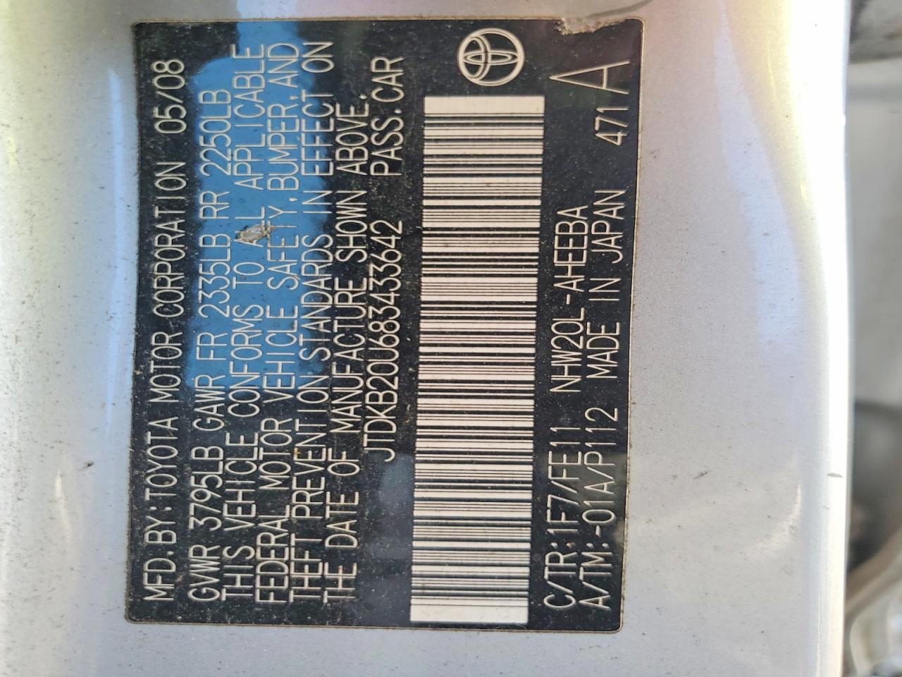 2008 Toyota Prius Base Silver vin: JTDKB20U683433642
