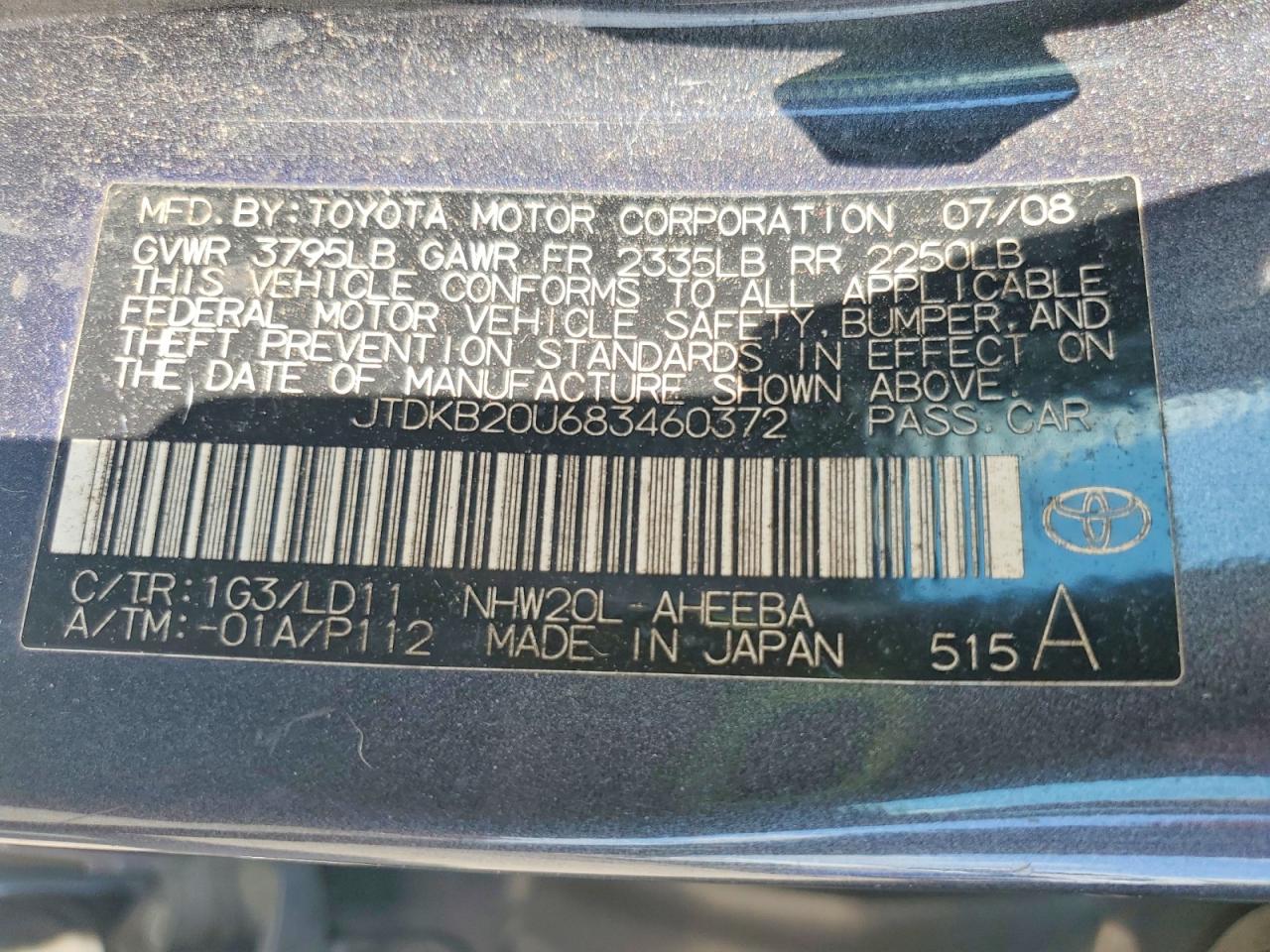2008 Toyota Prius Touring Gray vin: JTDKB20U683460372