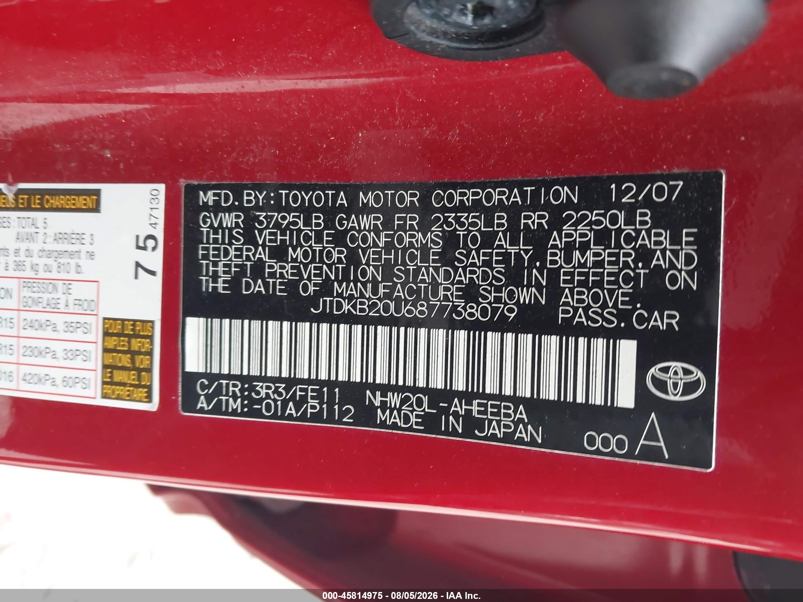 2008 Toyota Prius   Red vin: JTDKB20U687738079