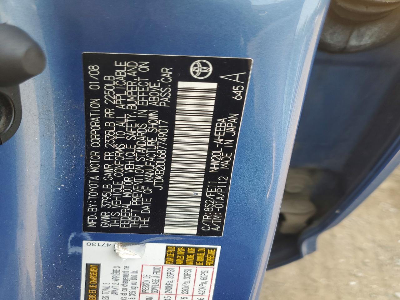 2008 Toyota Prius Base Blue vin: JTDKB20U687749017
