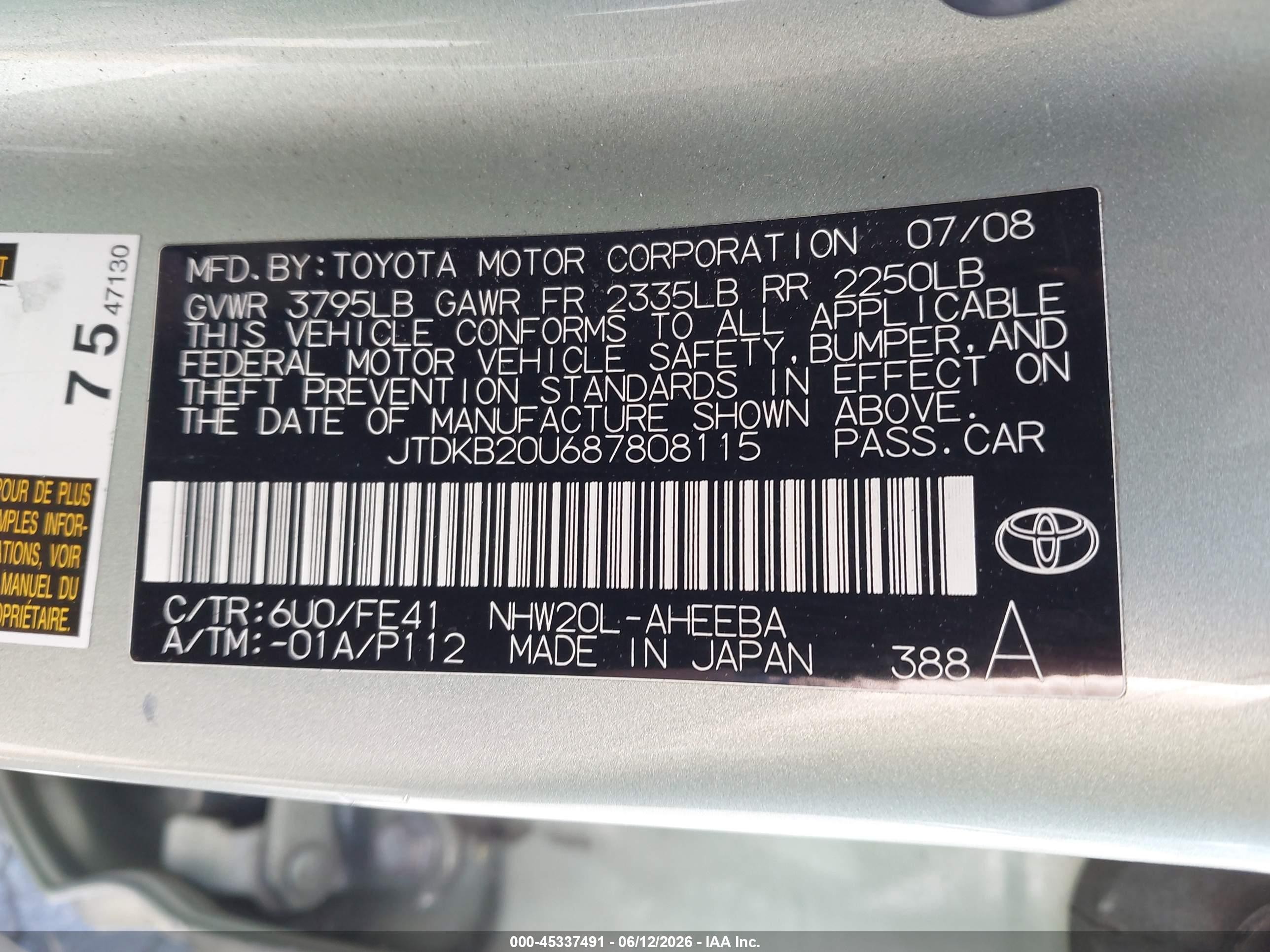2008 Toyota Prius   Green vin: JTDKB20U687808115