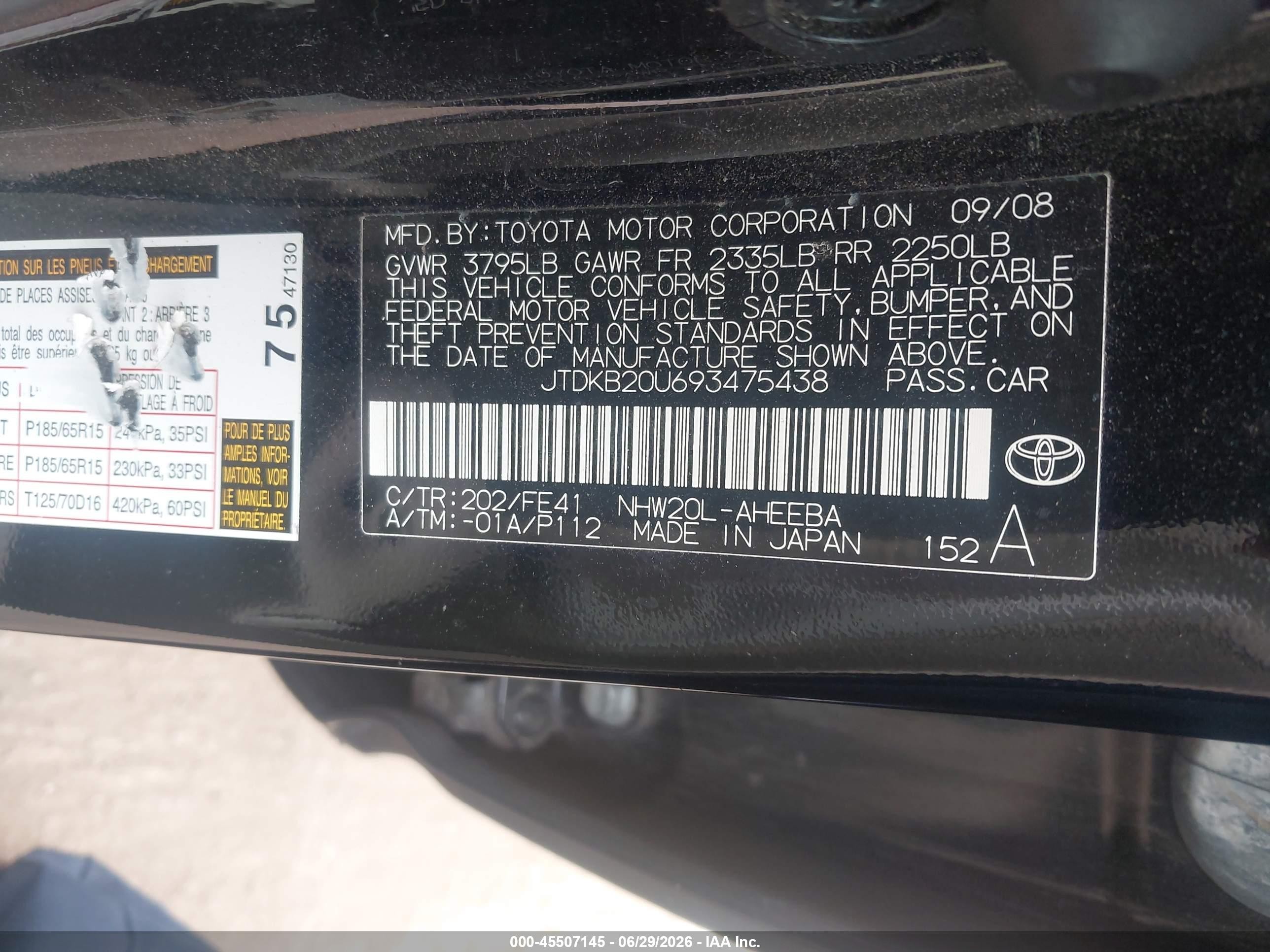 2009 Toyota Prius   Black vin: JTDKB20U693475438