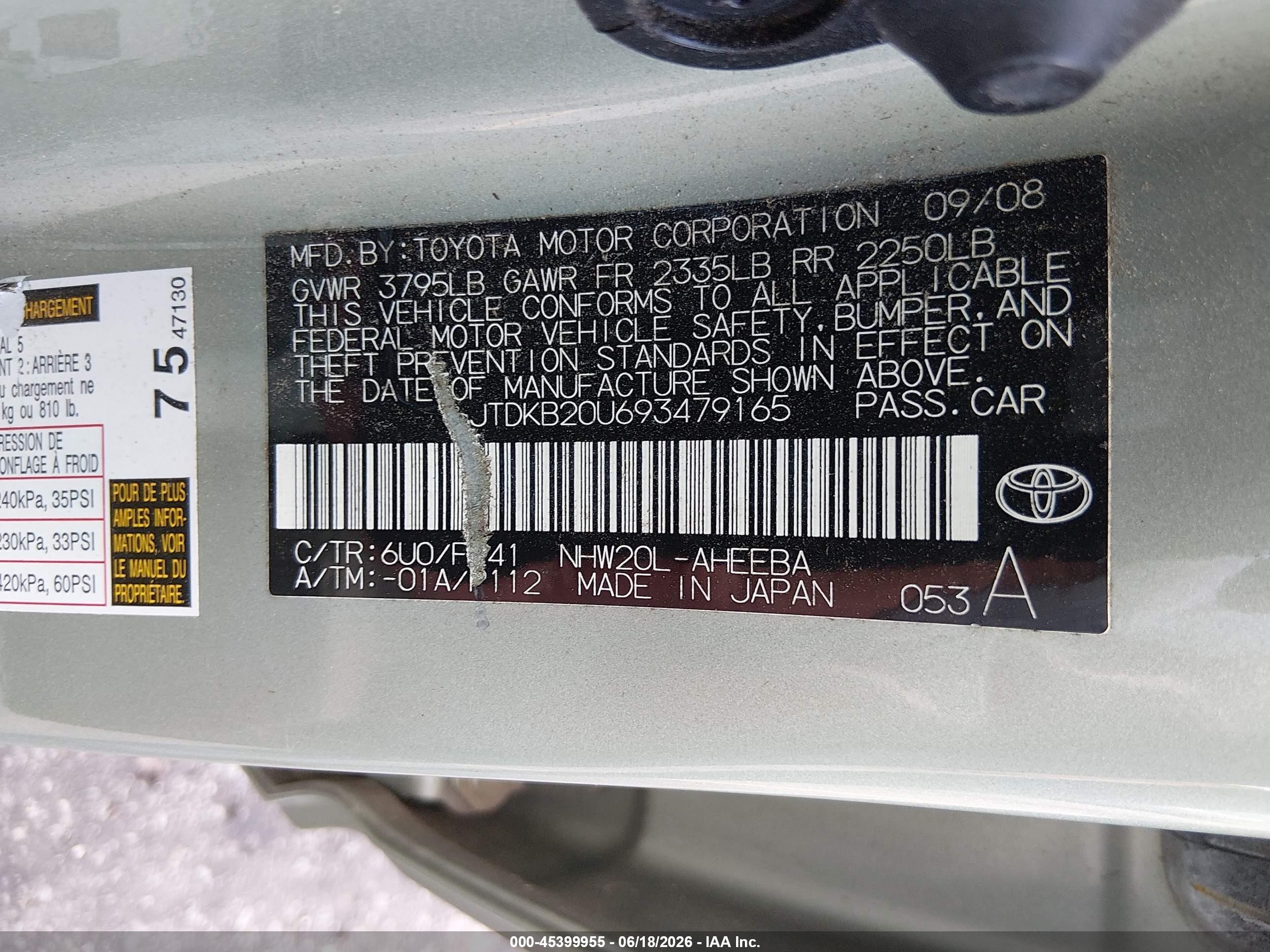 2009 Toyota Prius   Green vin: JTDKB20U693479165